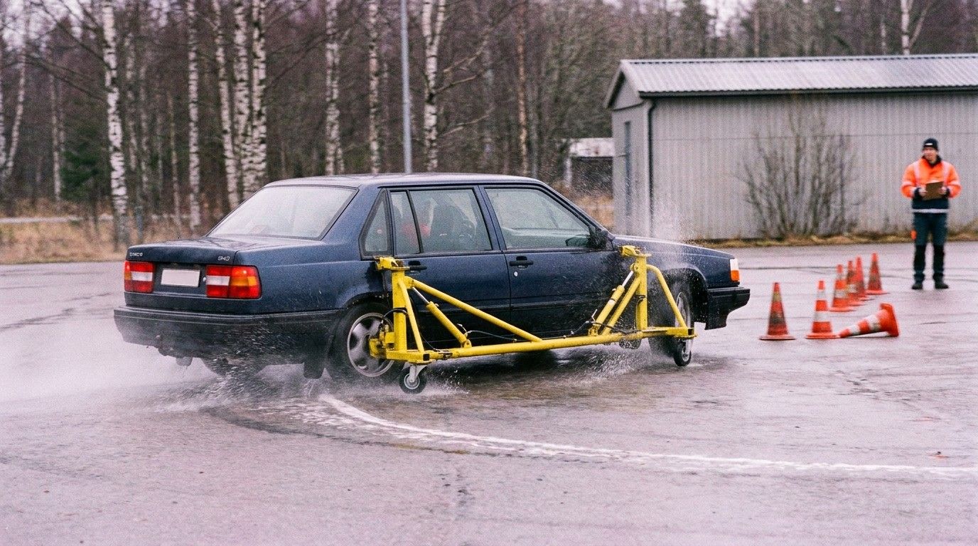 A 1990s Volvo sedan fitted with a yellow SkidCar outrigger rig, sliding sideways on a wet skid pad under Scandinavian overcast while an instructor watches from the edge with a clipboard.
