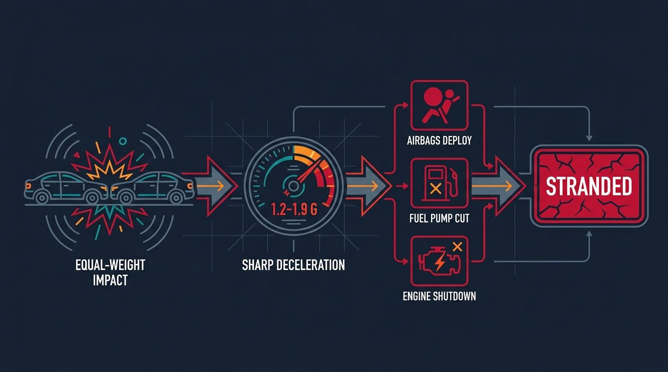 Flowchart: an equal-weight impact causes sharp deceleration of 1.2 to 1.9 G, triggering airbags, fuel pump cutoff, and engine shutdown, leaving the vehicle stranded.