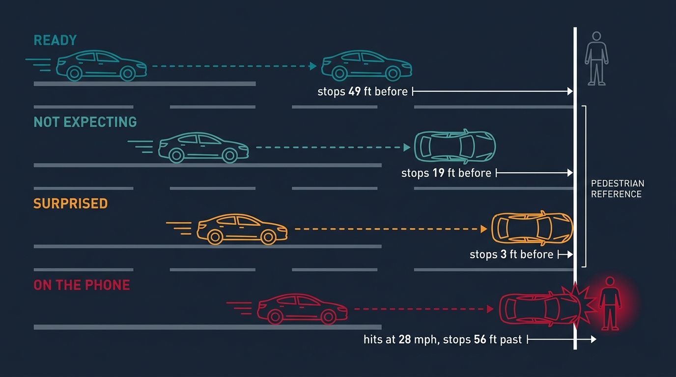 Stopping distance at 40 mph for a pedestrian 197 feet away: ready stops 49 ft before, not expecting 19 ft before, surprised 3 ft before, and on the phone hits at 28 mph and stops 56 ft past.