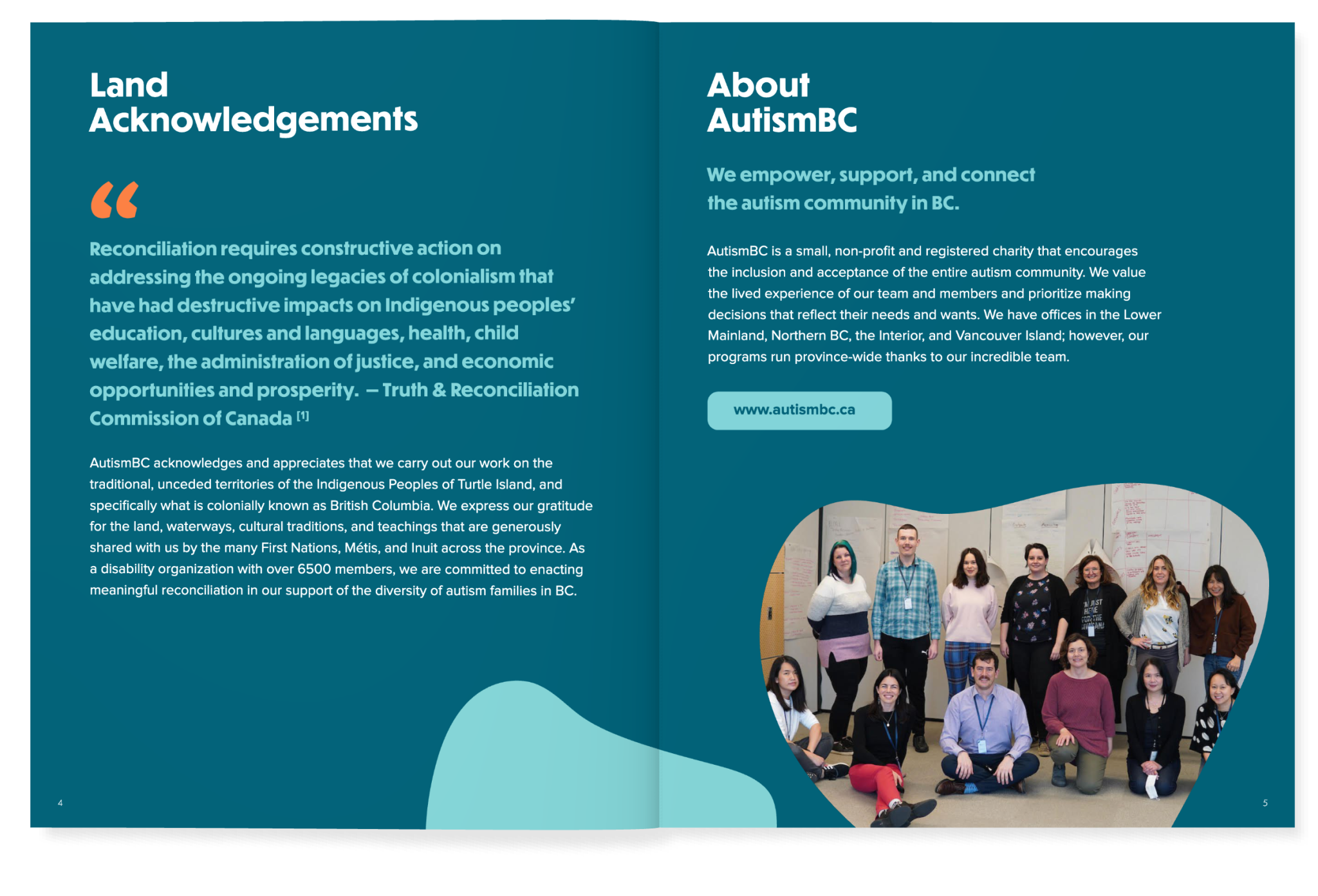 A spread from the AutismBC report, showing its land acknowledgement beside an "About AutismBC" page and a photo of the team.