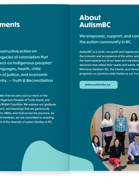 A spread from the AutismBC report, showing its land acknowledgement beside an "About AutismBC" page and a photo of the team.