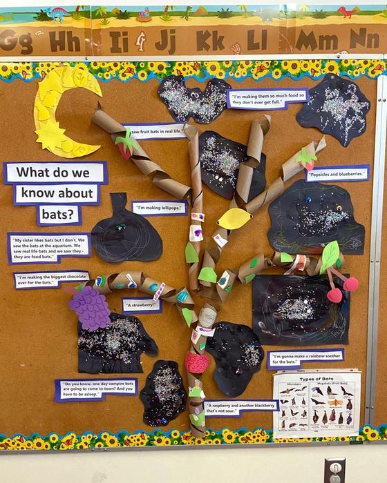 A classroom documentation board titled "What do we know about bats?", covered with children's painted bats and their quoted questions.