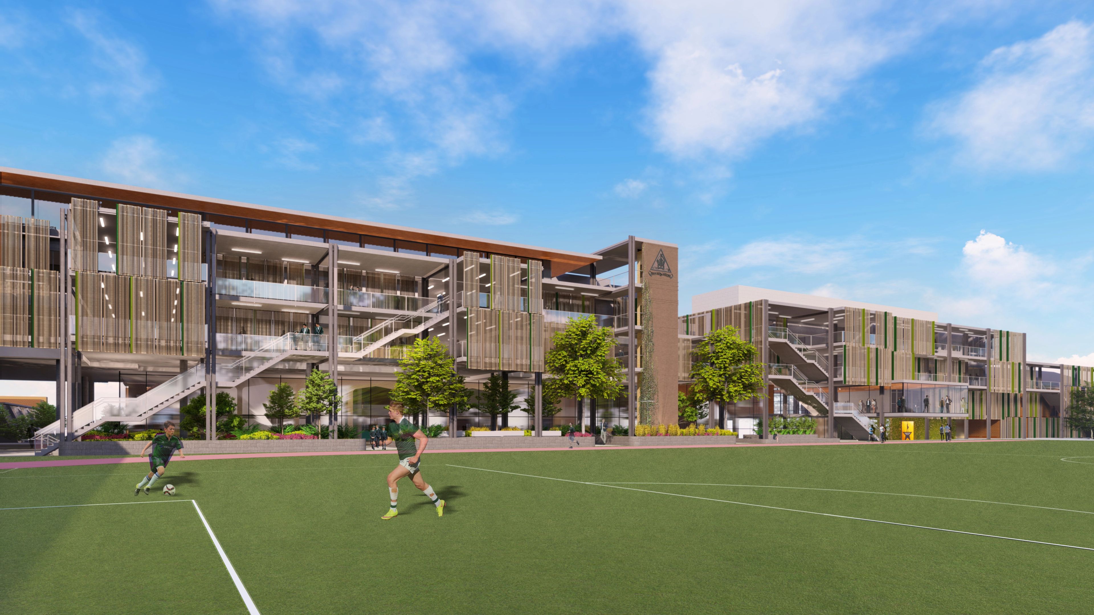 Perspective render from the oval of Trinity Grammar School.