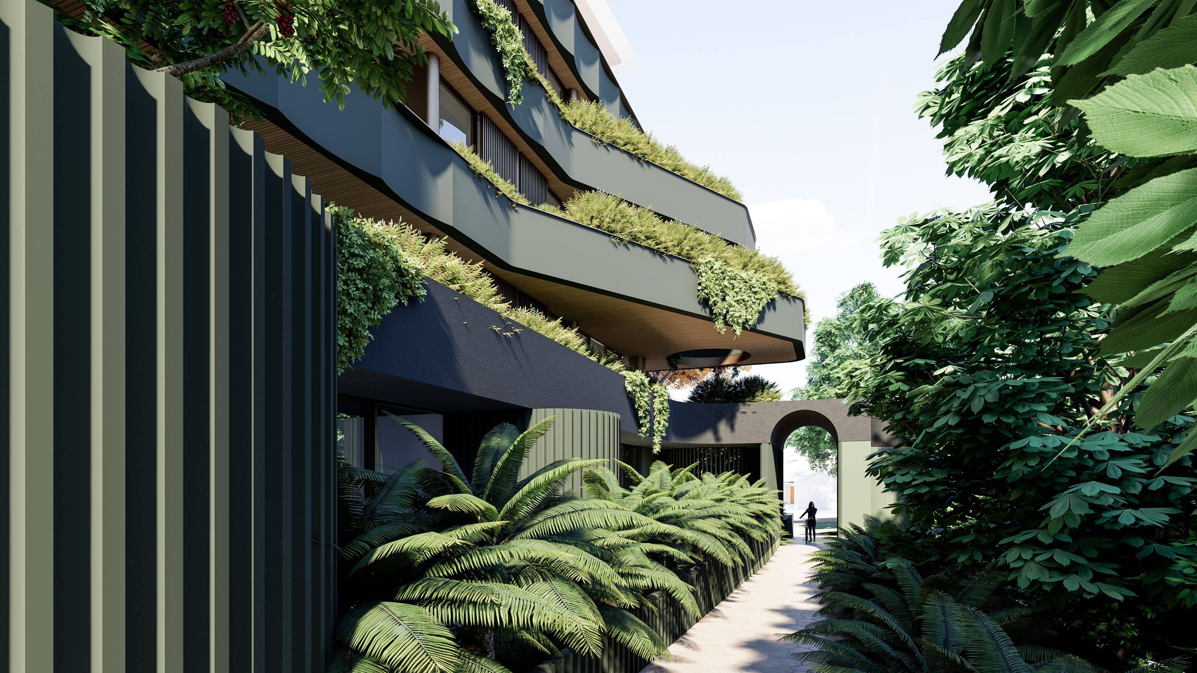 Entrance pathway render of the Nulla Nulla Apartments.