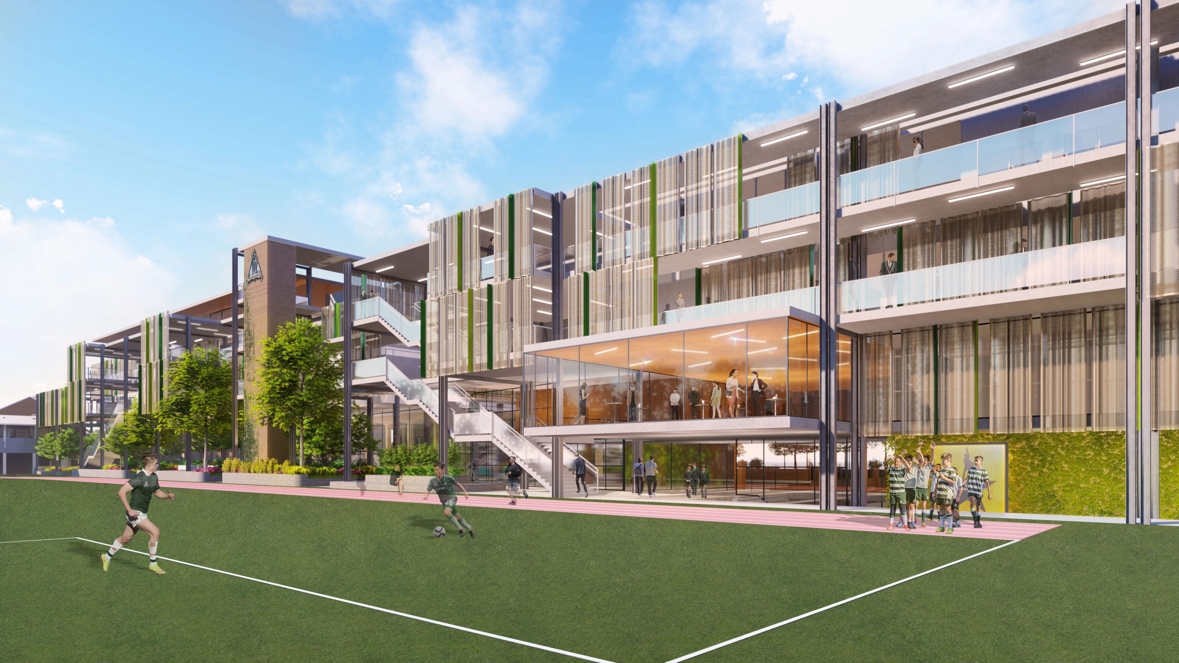 Perspective render from the oval of Trinity Grammar School.