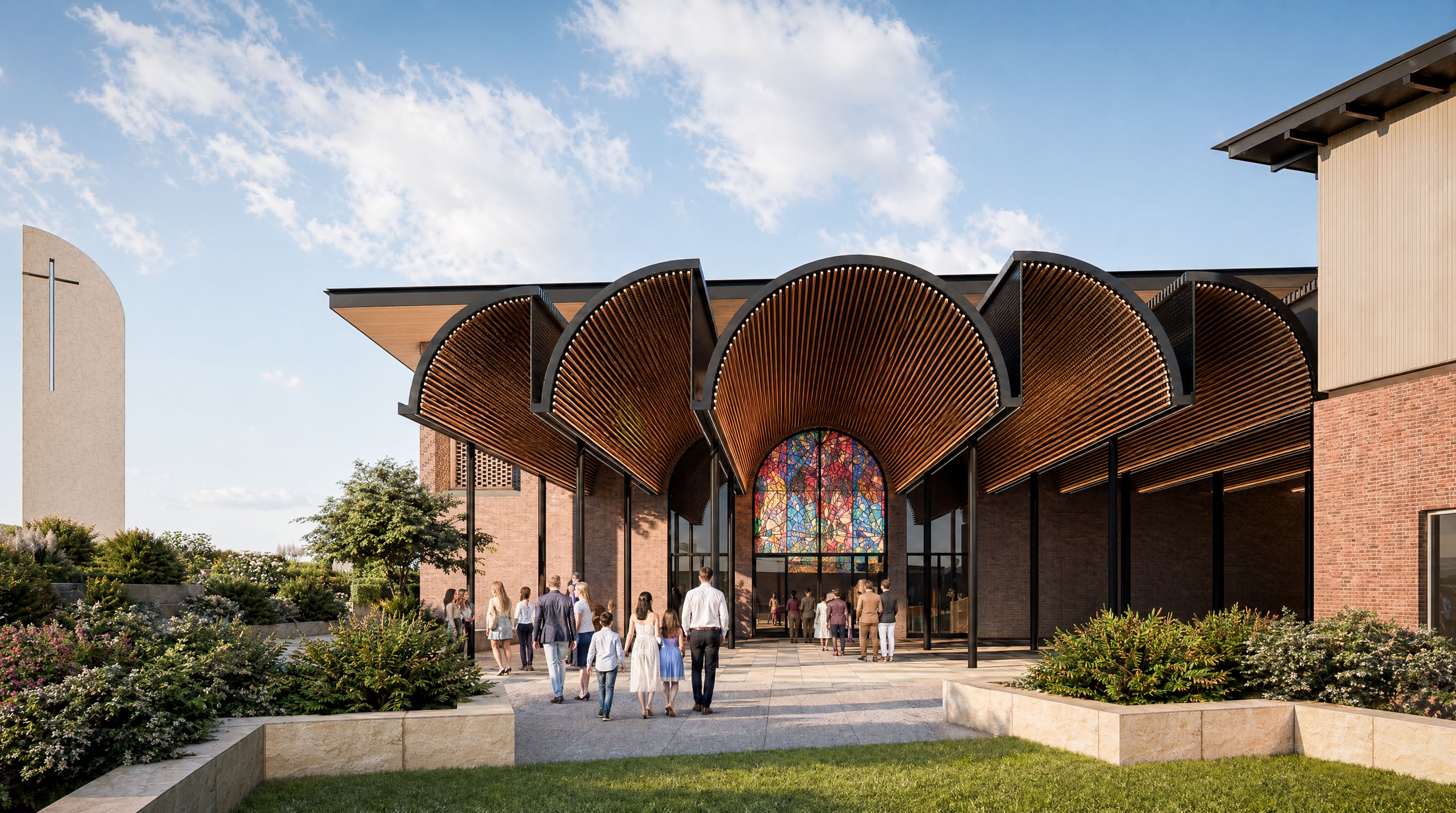 Render of the front entrance at the Seleucia–Ctesiphon community hall in Leppington.