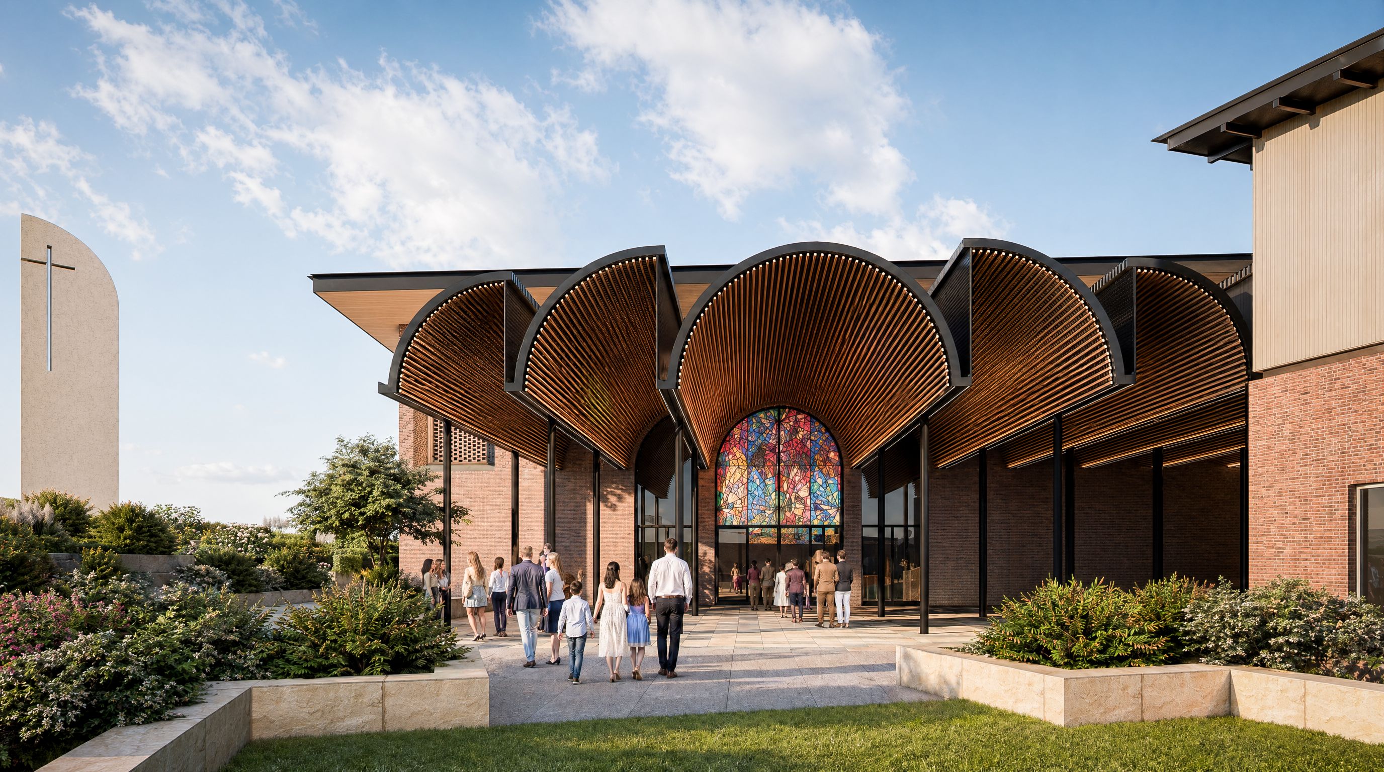 Render of the front entrance at the Seleucia–Ctesiphon community hall in Leppington.