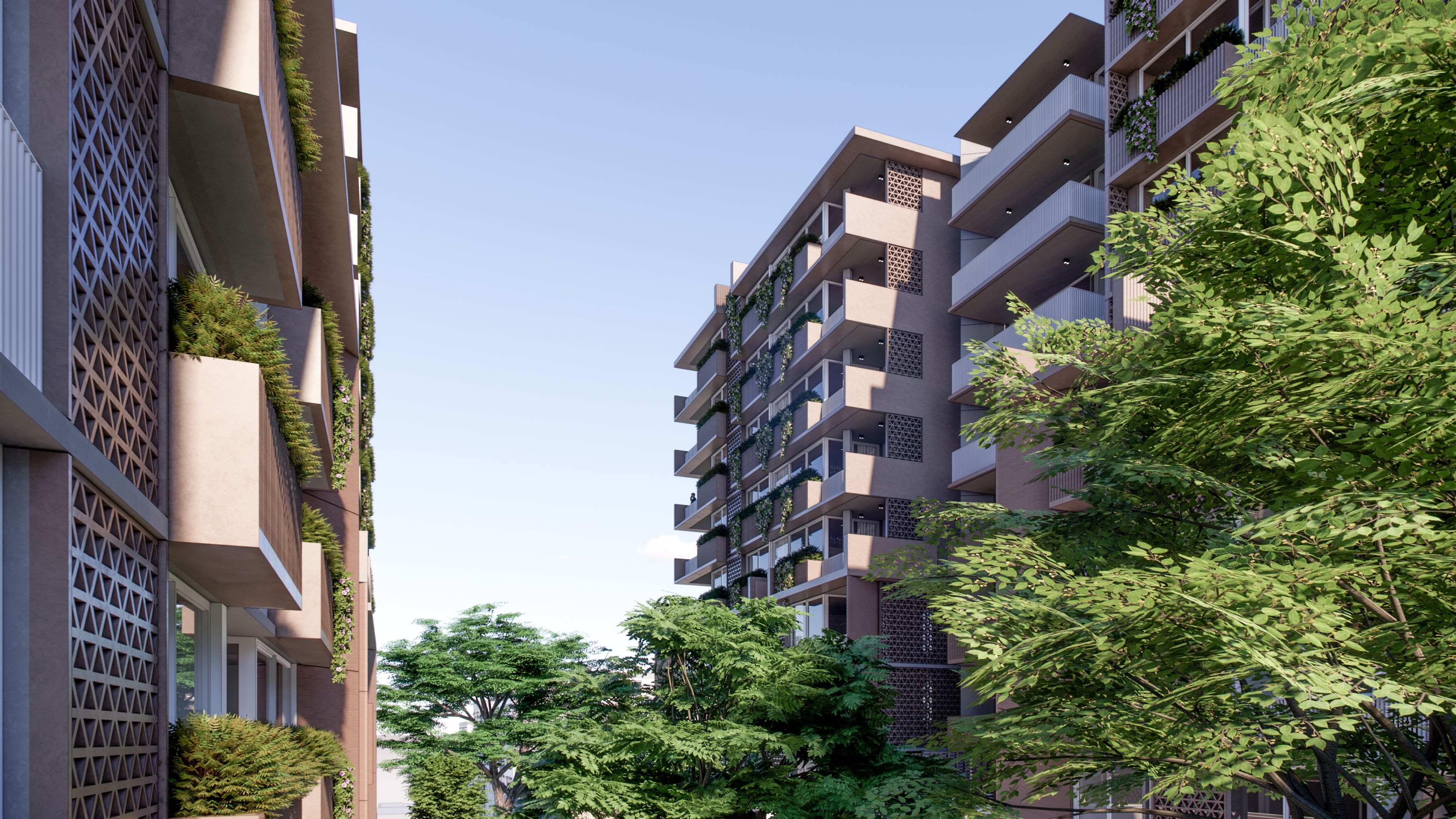 Exterior render of Edwards & Rosedale Apartments.