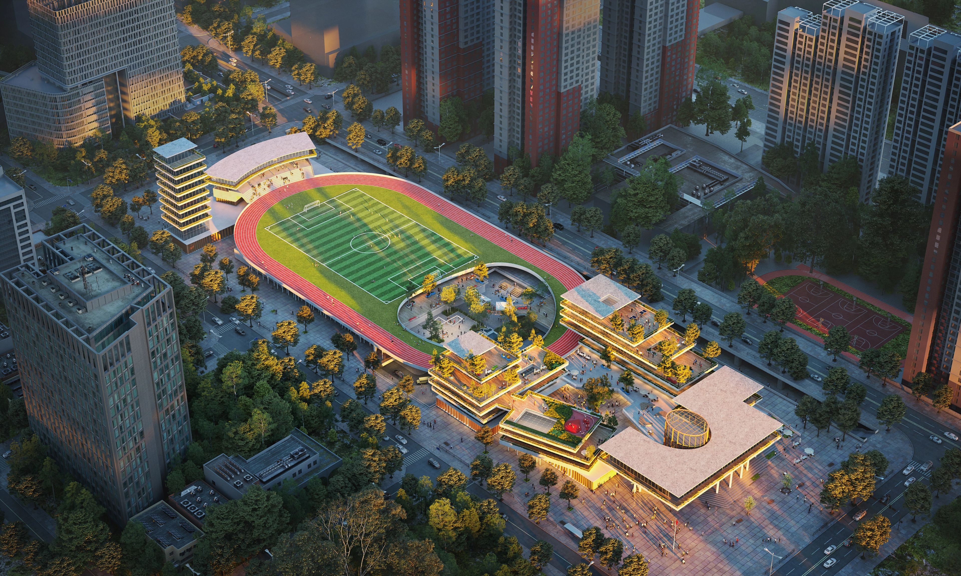 Bird's eye render of the Shenzhen Guiwan International School.