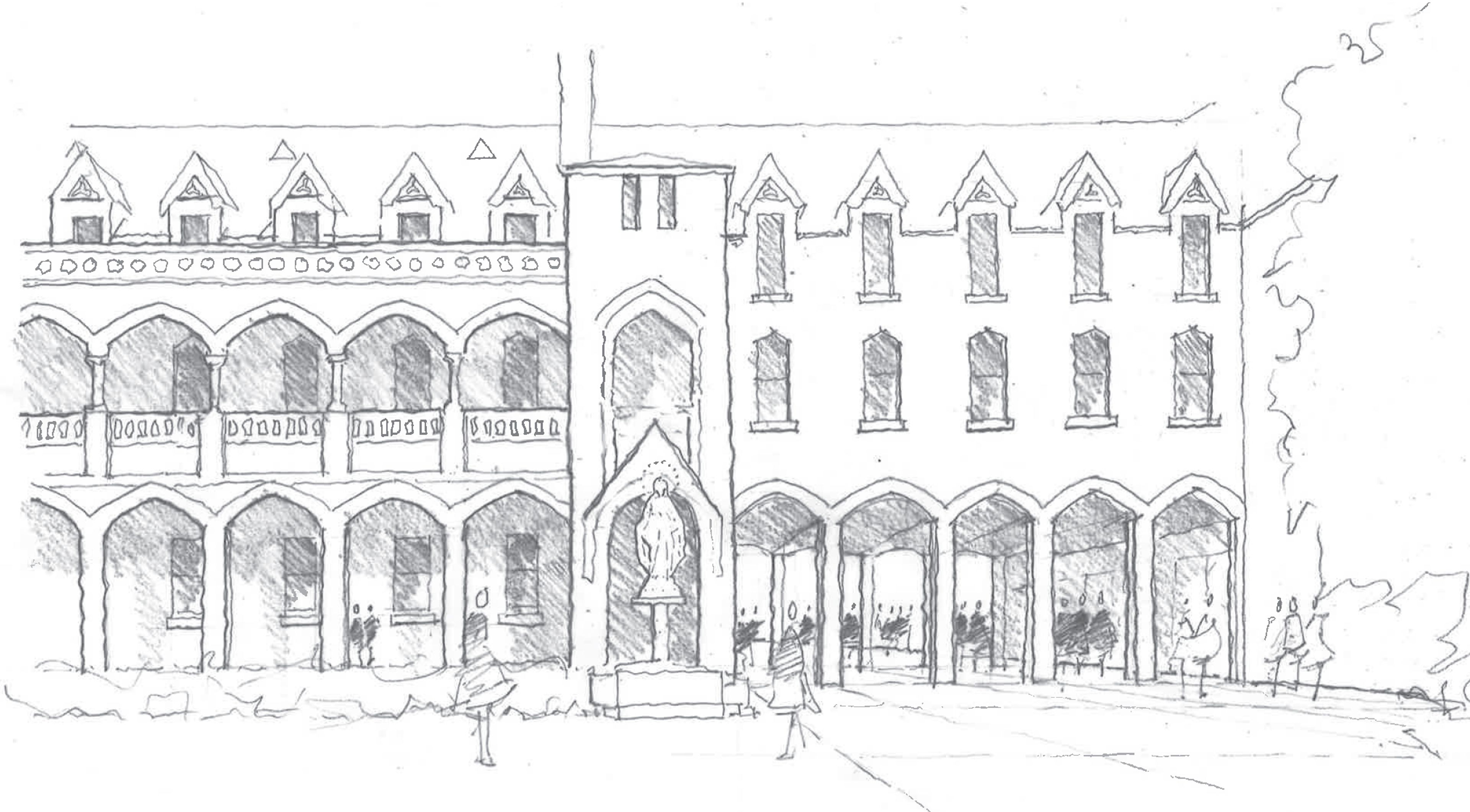 John Rice concept sketch for the Heritage Wing at Star of the Sea College, featuring a detailed heritage-inspired portico and courtyard.