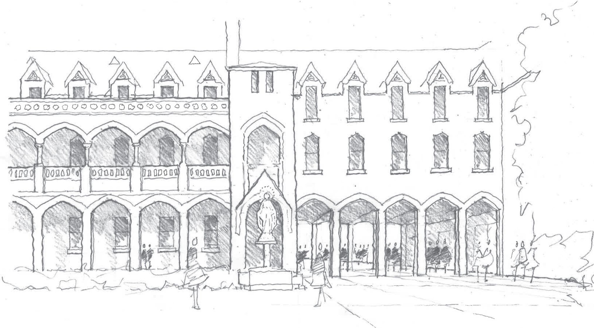 John Rice concept sketch for the Heritage Wing at Star of the Sea College, featuring a detailed heritage-inspired portico and courtyard.
