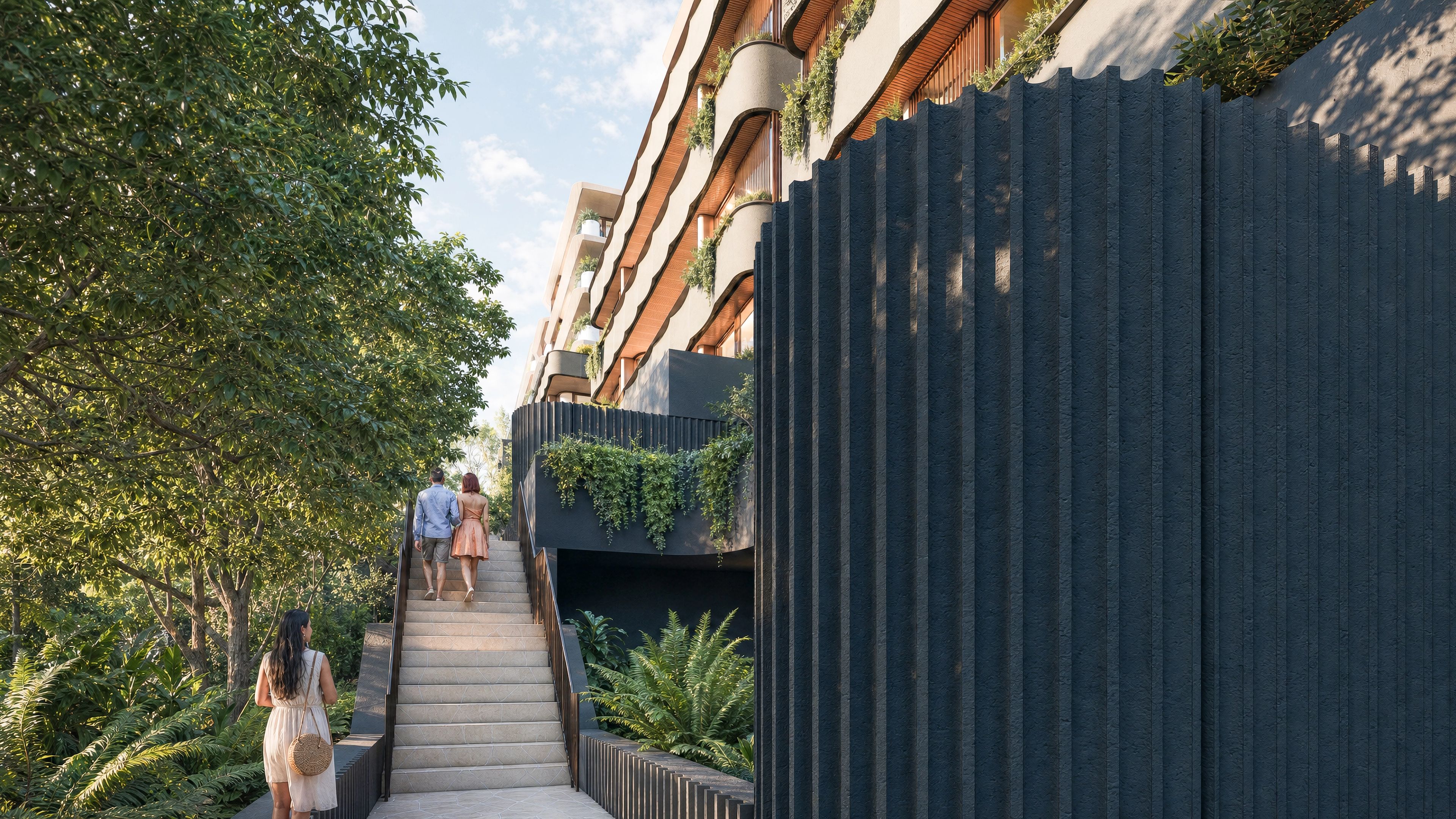 Entrance pathway render of the Nulla Nulla Apartments.