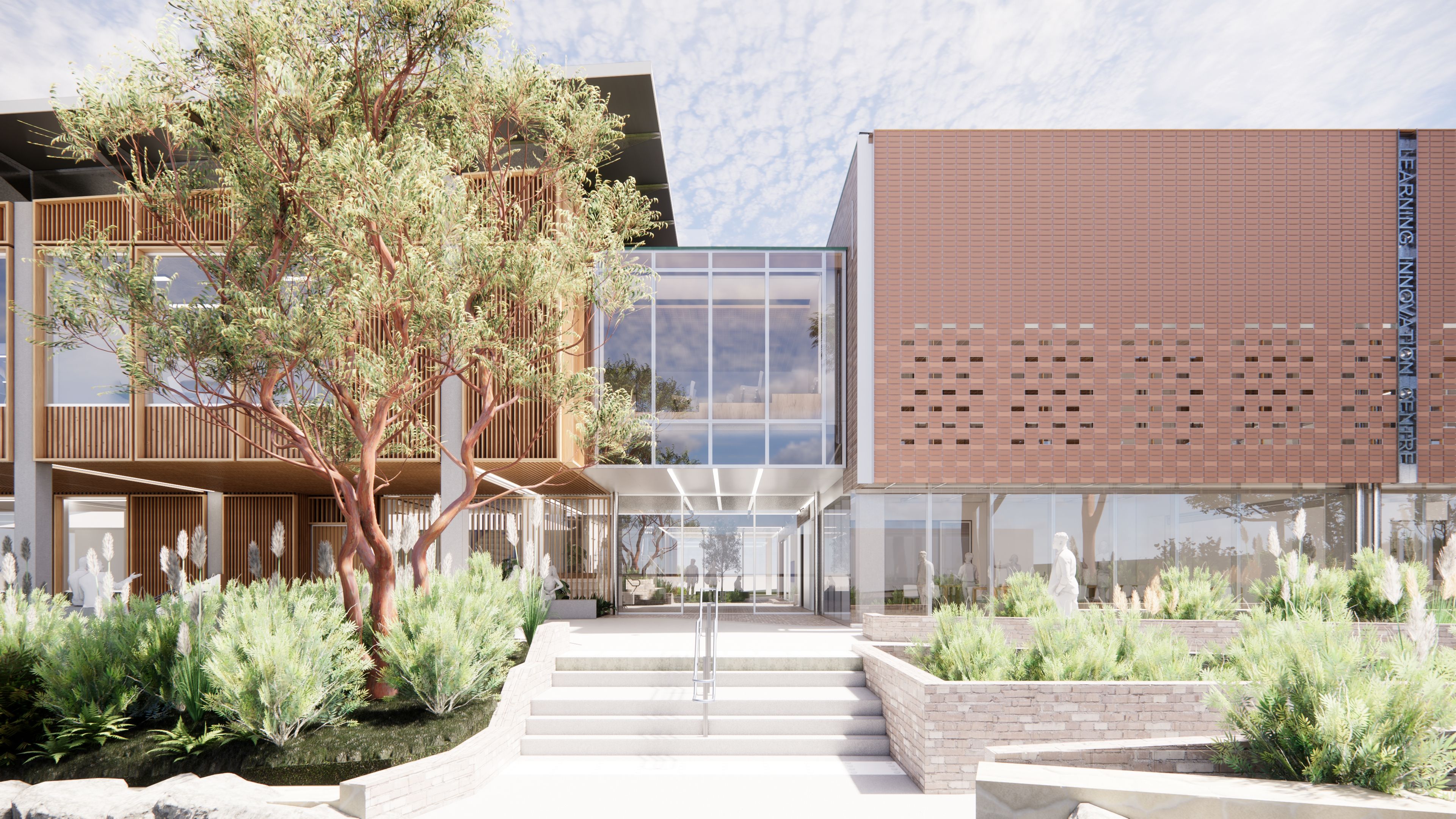 Exterior render of the Hills Grammar Learning Innovation Centre in Kenthurst, NSW.