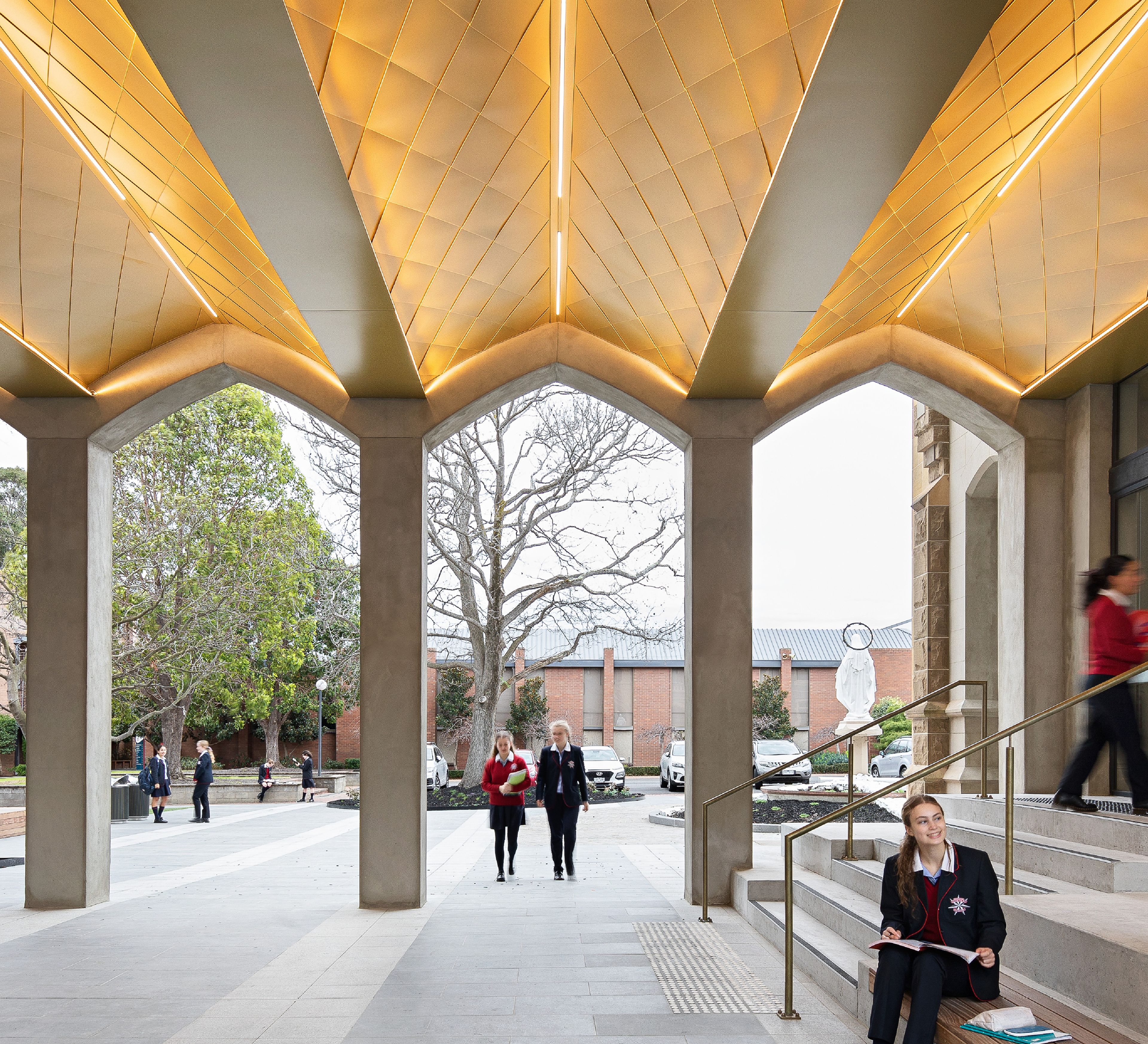 The Heritage Wing at Star of the Sea College transforms the site into a cohesive, legible and accessible environment. Uneven floor levels have been unified through a new portico, providing clear visual and physical connections between the east and west sides of the campus, improving circulation and fostering a sense of openness.