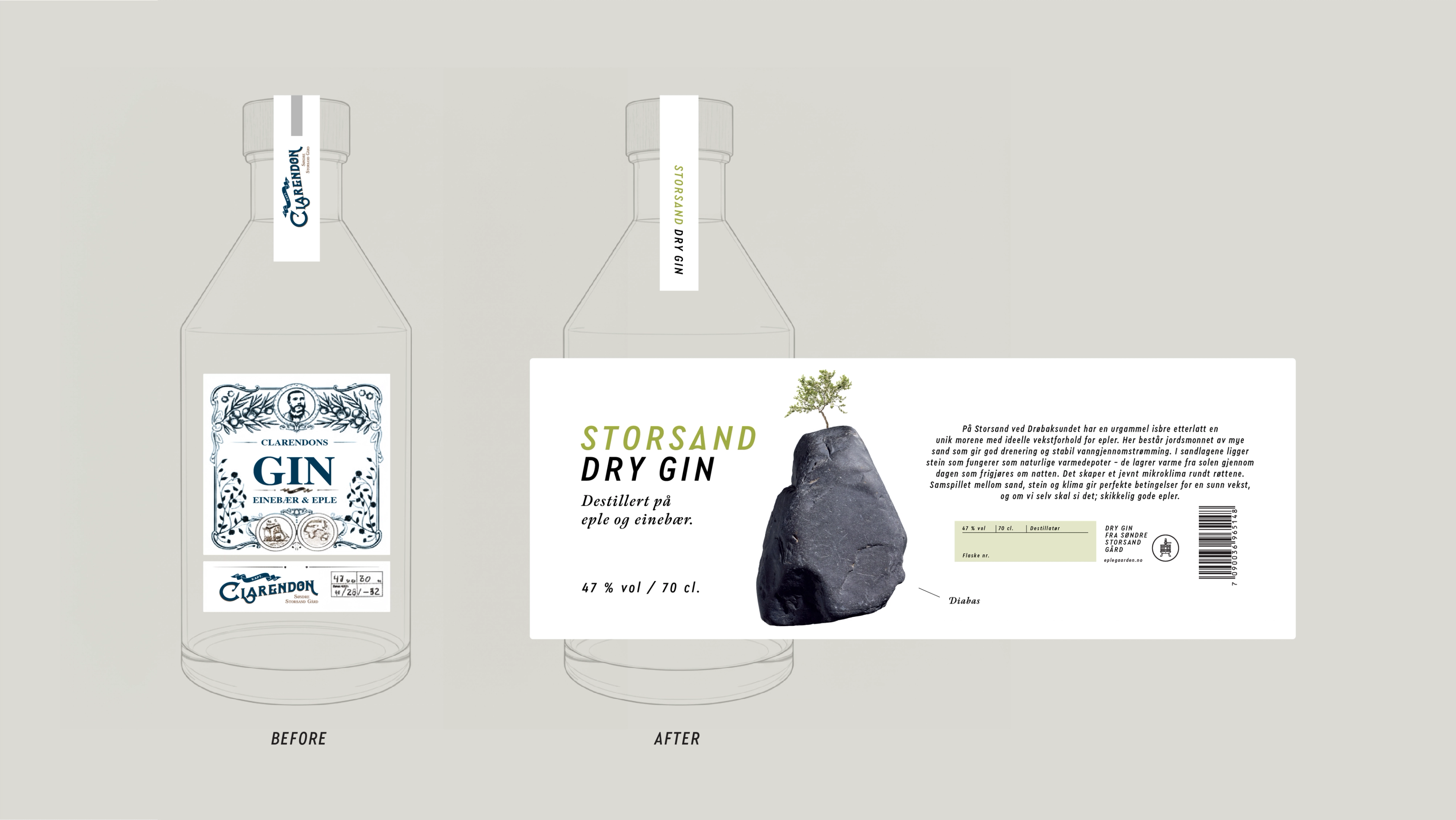 Storsand pakningsdesign før og etter rebranding.