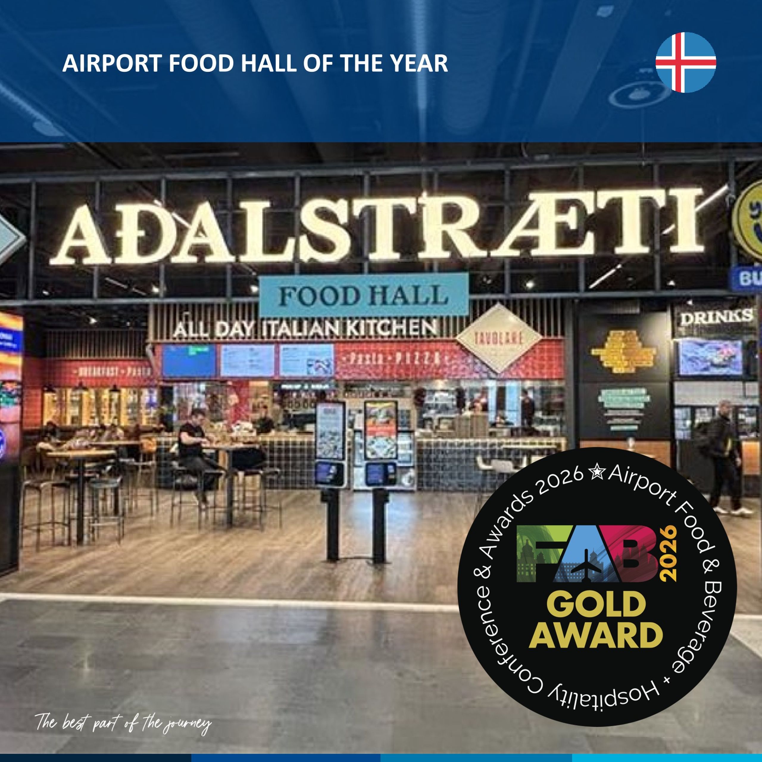 Adalstræti Food Hall på Keflavik Airport med FAB 2026 Gold Award for Airport Food Hall of the Year.