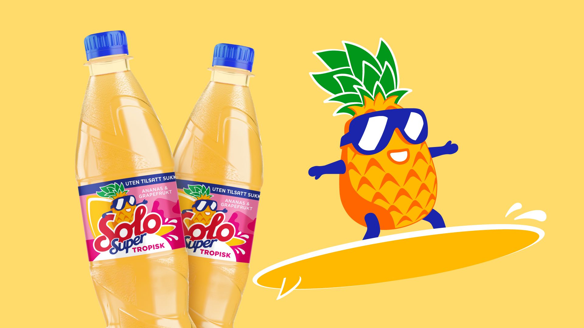 To små flasker med Solo Super Tropisk og en illustrasjon av en ananas som surfer.