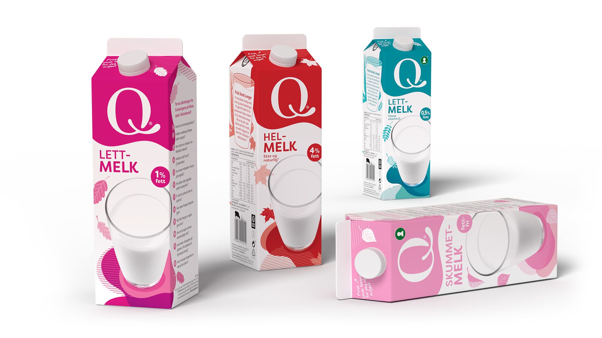 Fire kartonger med nytt pakningsdesign på Q-melk