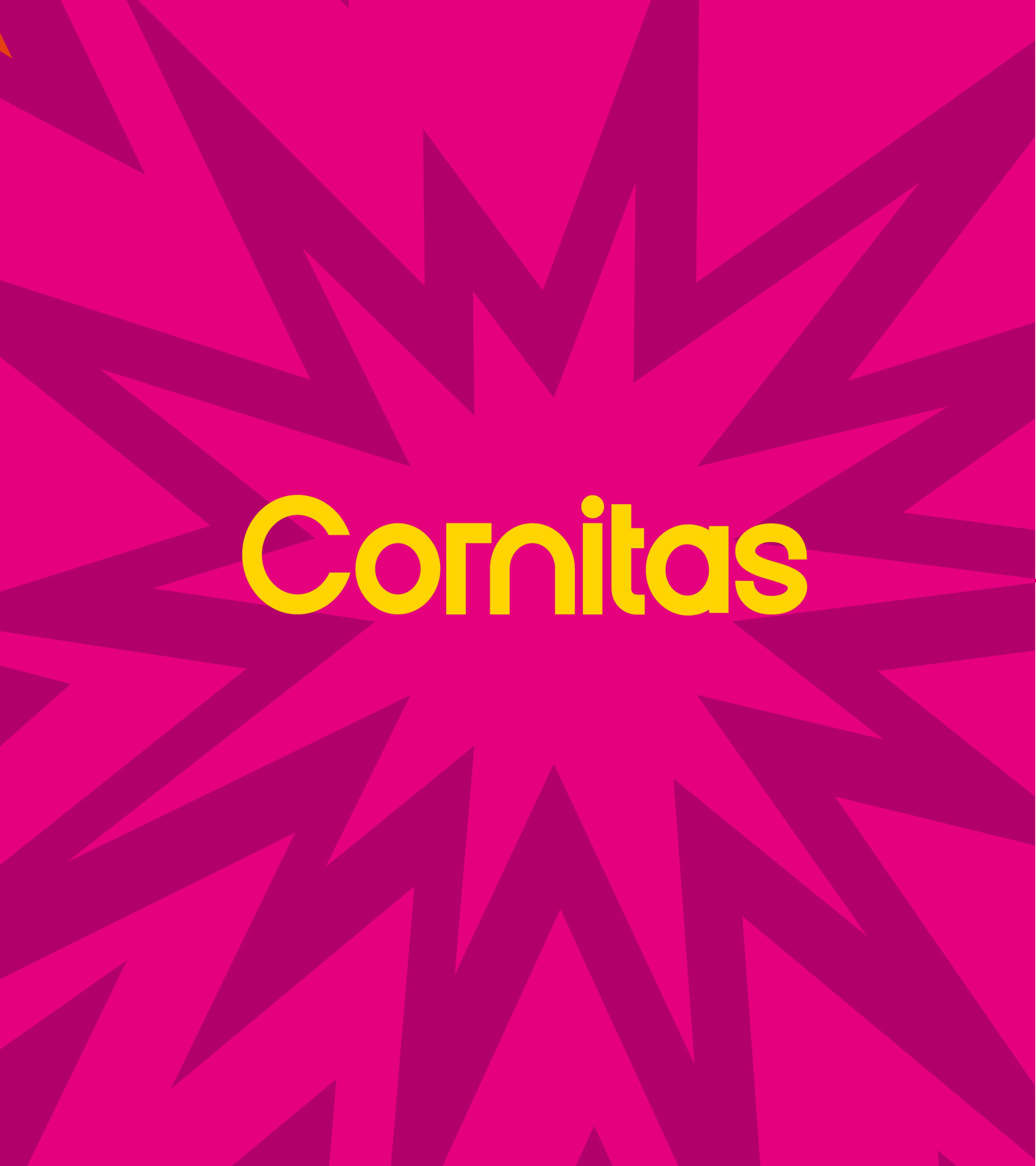 På en rosa bakgrunn med en grafisk eksplosjon i sterke rosatoner, står logoen til Cornitas i gult.