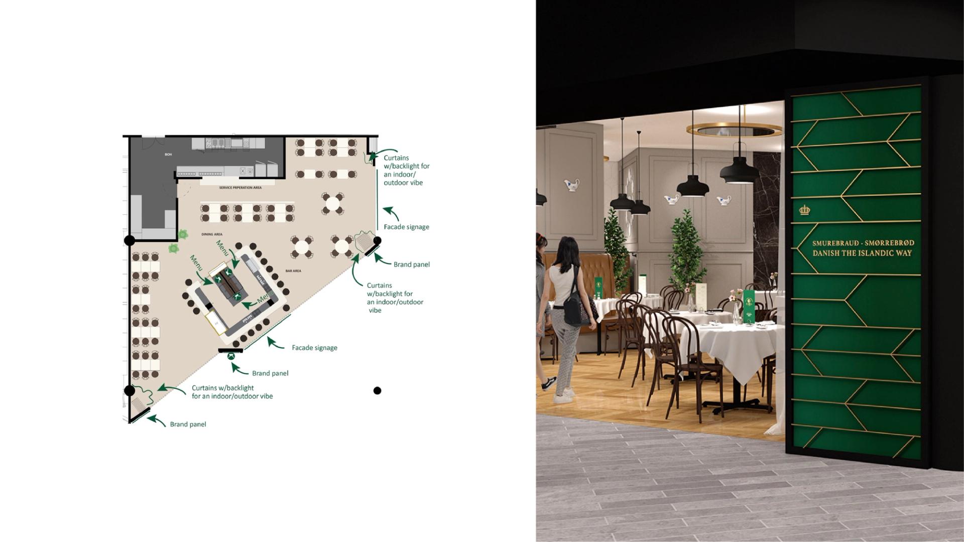 Todelt bilde; Plantegning og 3D-visualisering av restaurant