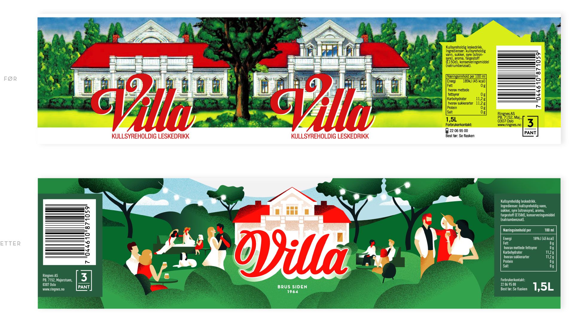 Villa etikett før og etter redesign