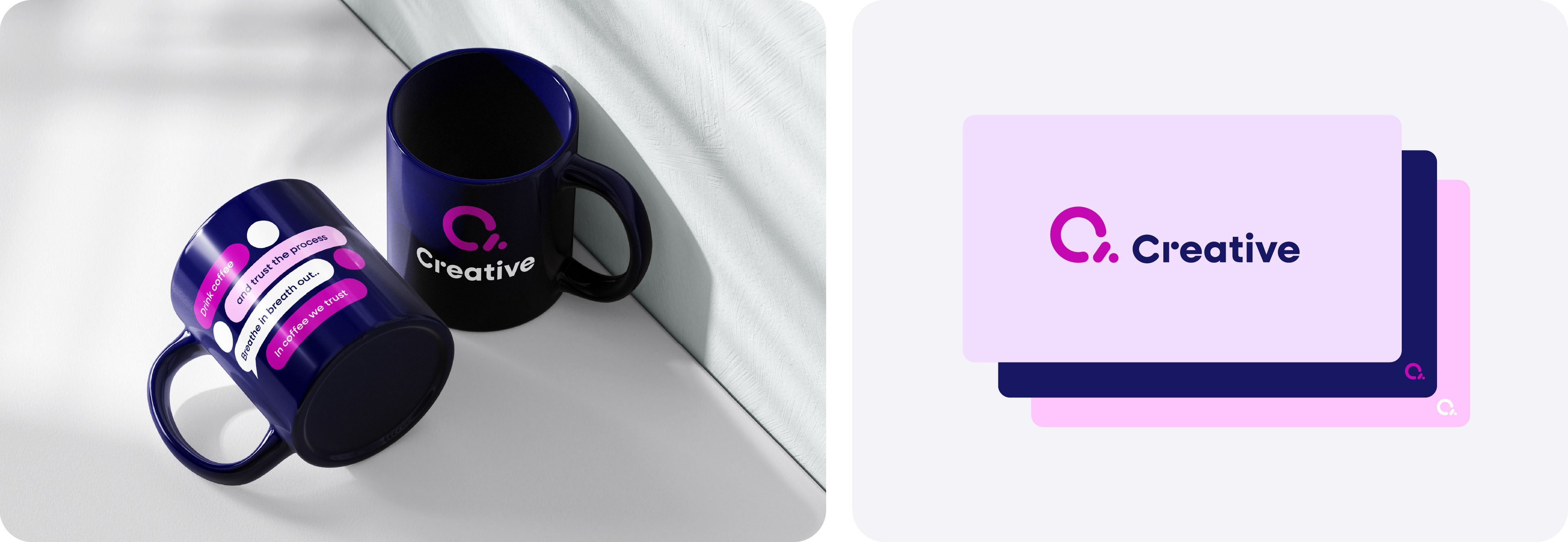 Creative sine kaffekopper med boblegrafikk i blå og rosa fargepalett. Sammen med flat design av forside til presentationsmal.