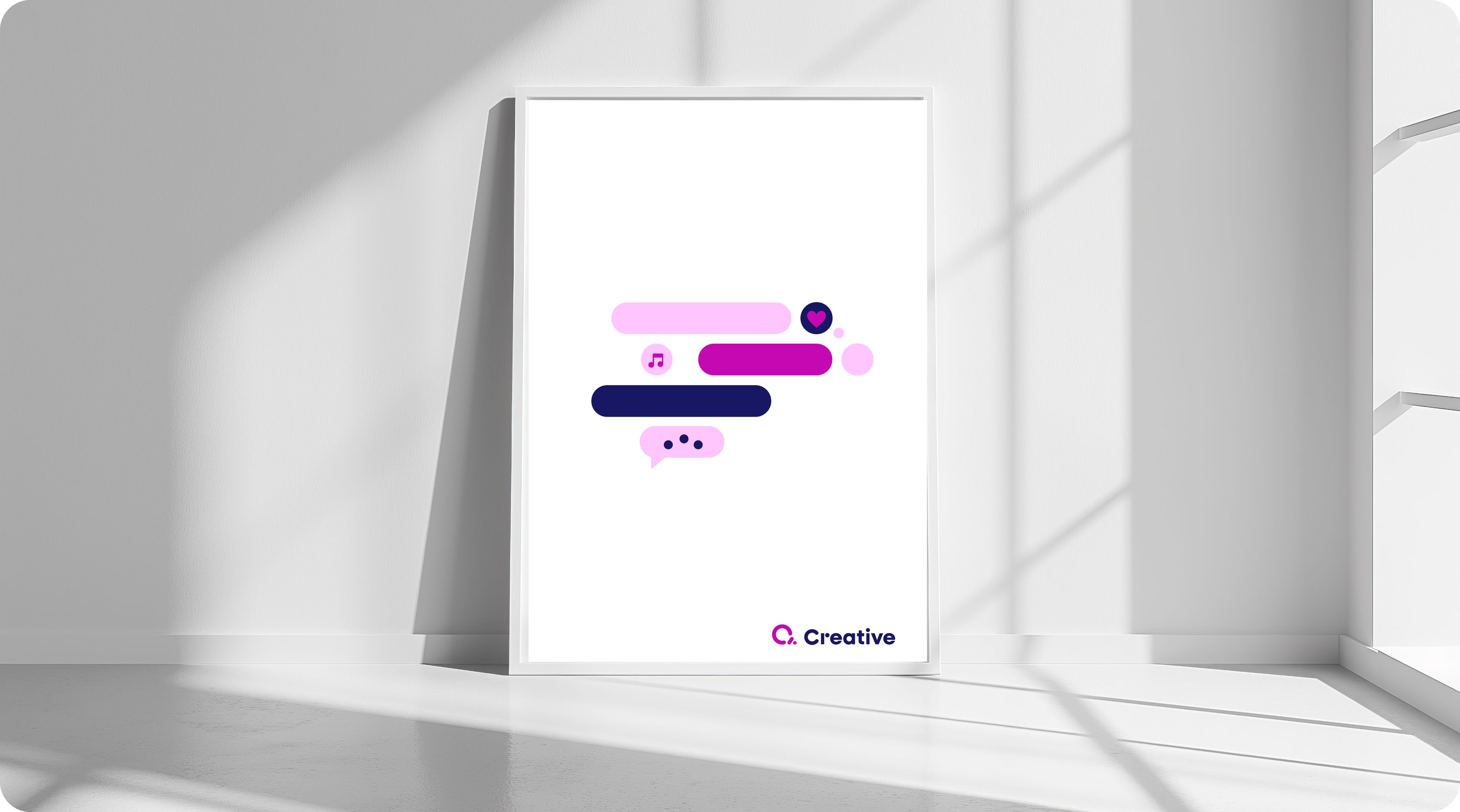 Creative minimalistisk poster på kontorvegg. Postermotivet er hvit med runde bobler og grafikk i rosatoner og mørkblå. 