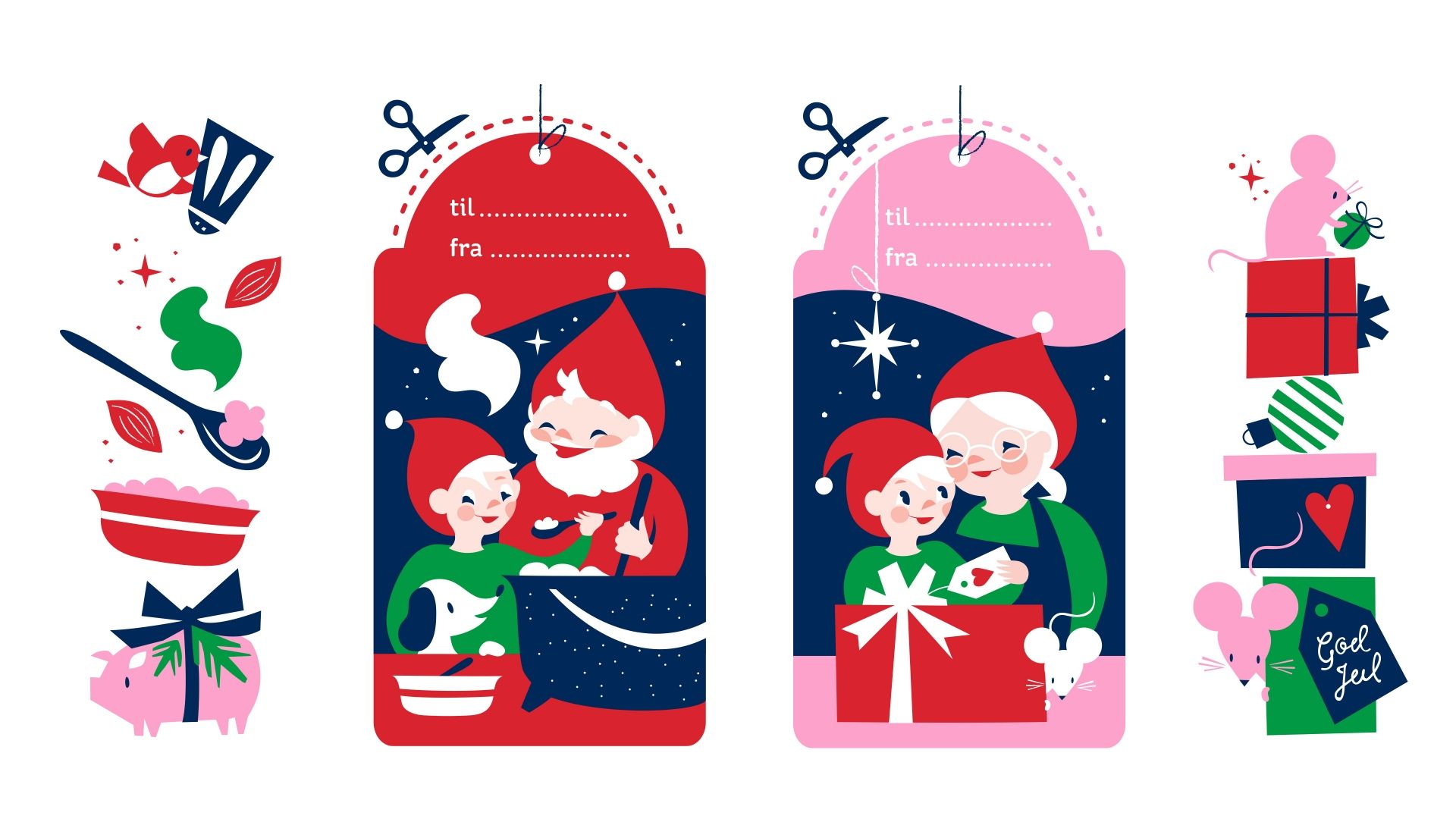 Jule illustrasjoner og pakkelapper i pakningsdesignet