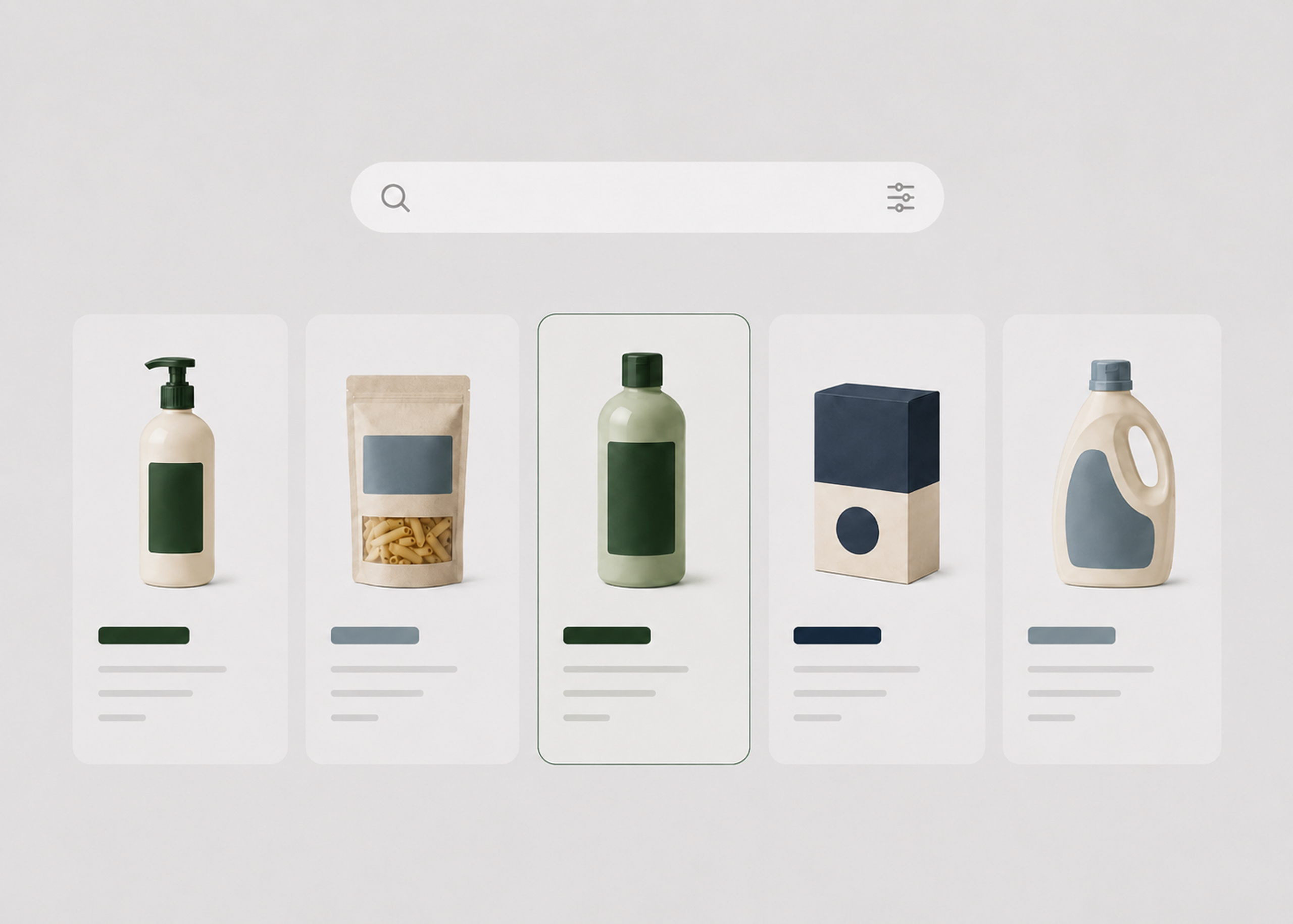 Illustrasjon av en digital handleflate med søkefelt og fem abstrakte FMCG-produkter, der ett produkt er tydeligere synlig enn de andre.