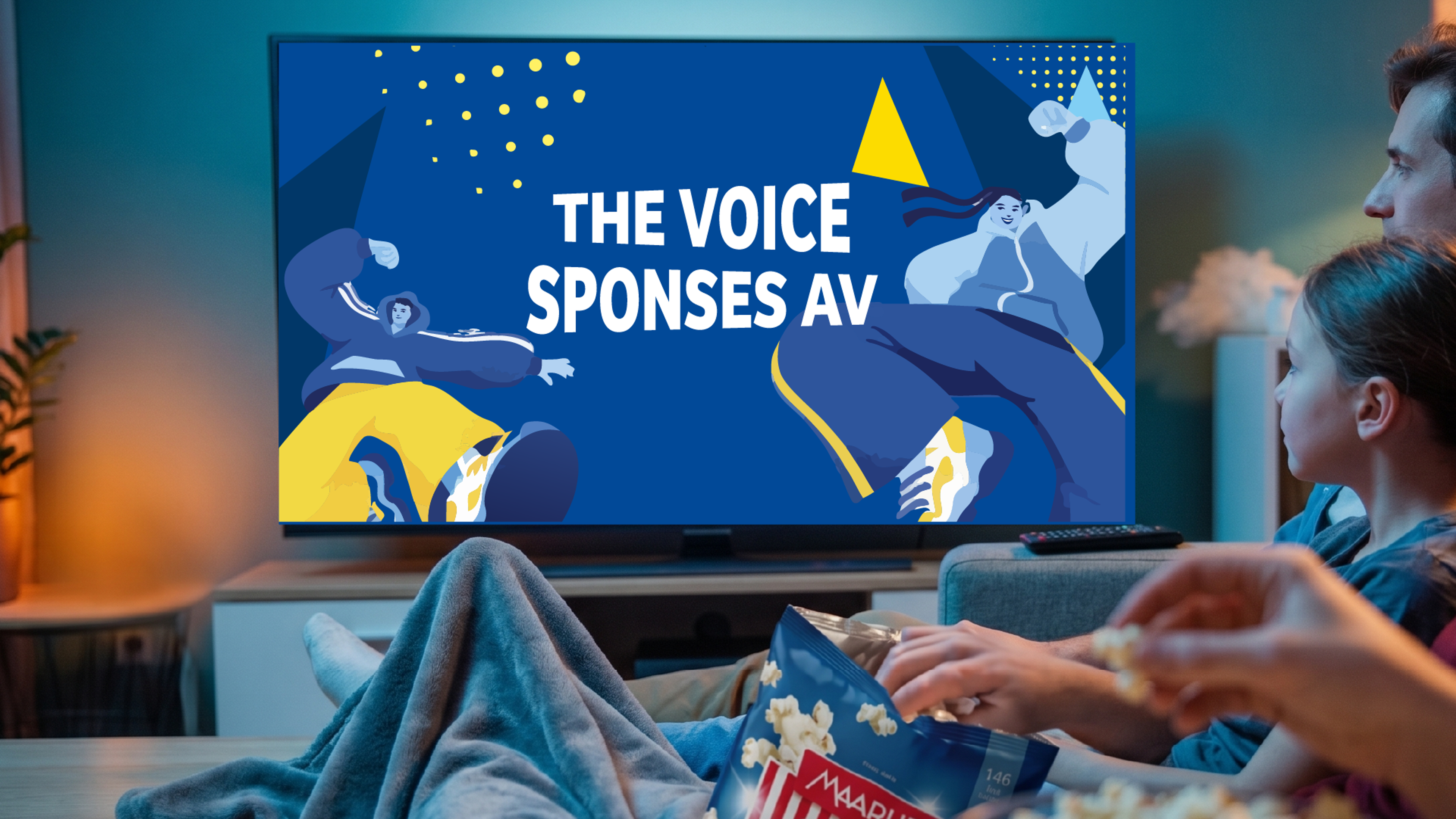 Familie som ser Tv-Reklame av Maaruds Superchips "The voice sponses av"