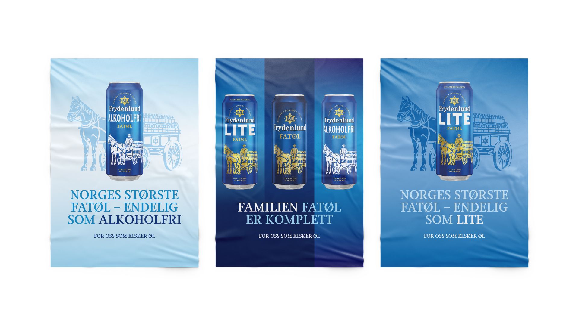 Tre ulike annonser for Frydenlund øl på hvit bakgrunn