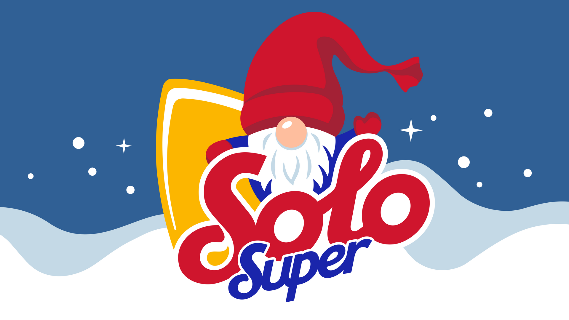 Illustrasjon av Solo-nissen bak Solo super logo