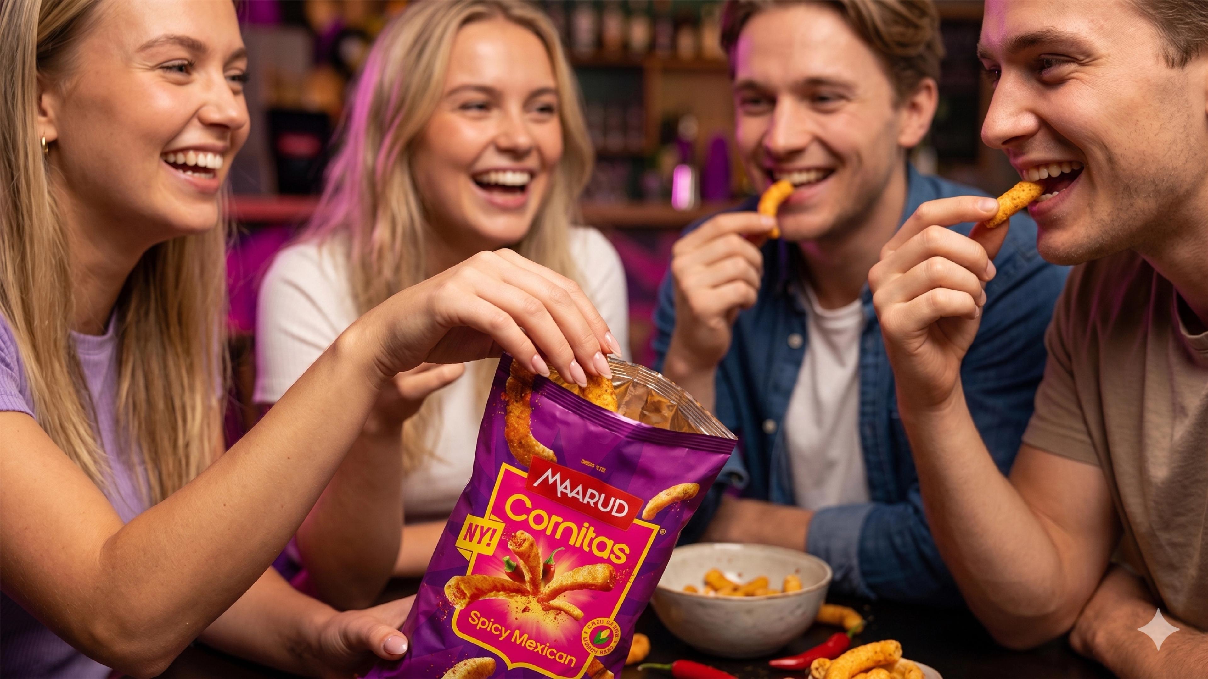 To jenter og to gutter som koser seg med en pose med Cornitas, de sitter rundt et bord og spiser og ler. 