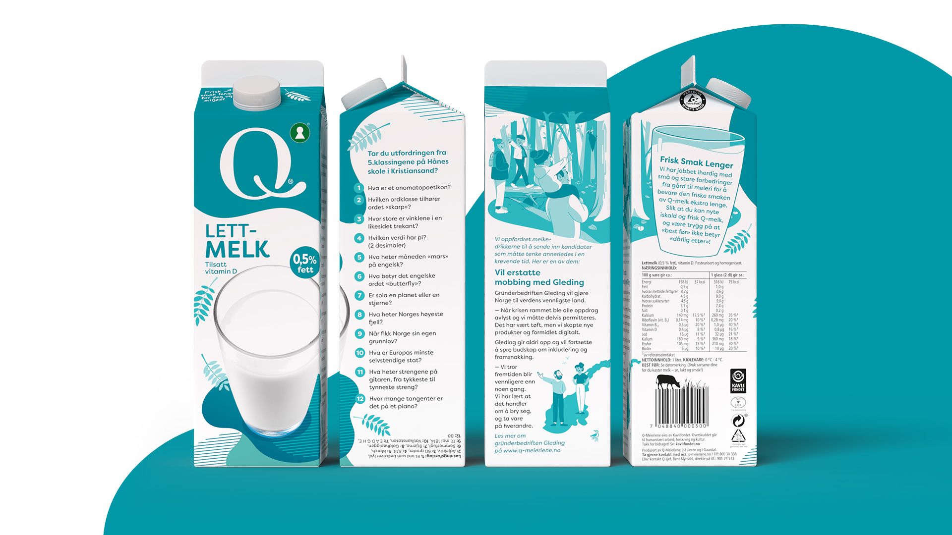 Fire sider av kartongen på Q-melk