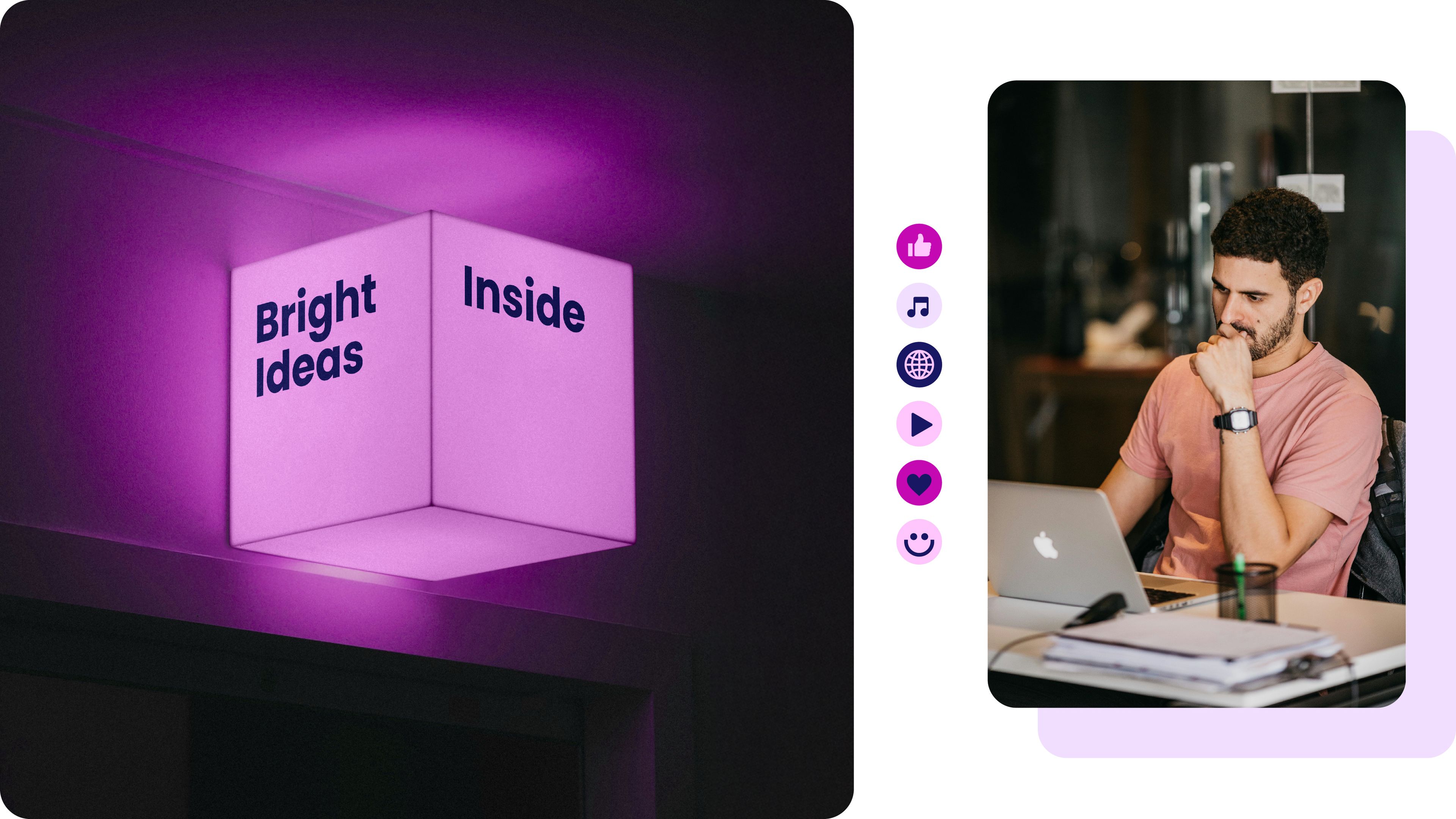 Rosa lysboks på vegg med teksten Bright ideas inside. Ikoner og et bilde av ansatt hos byrået Creative