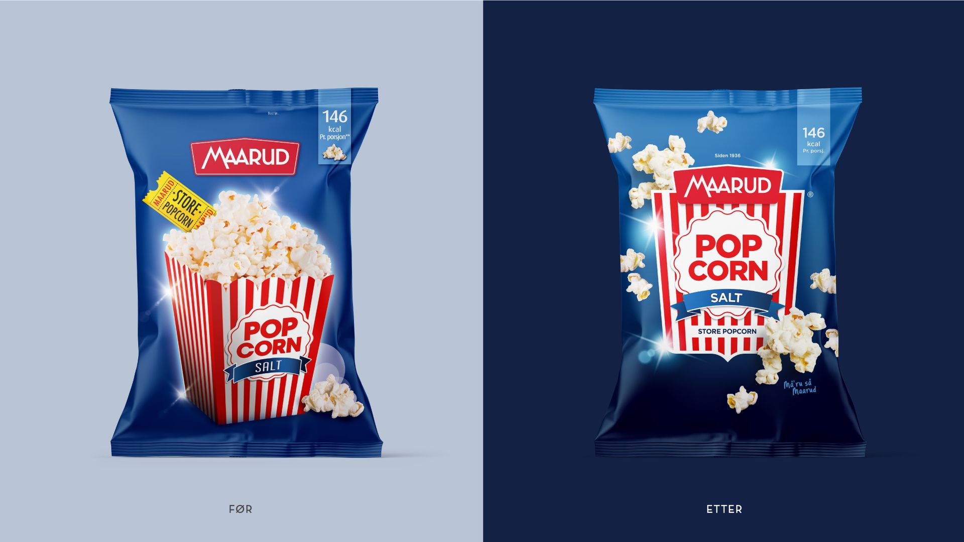 Maarud Popcorn før og etter redesign