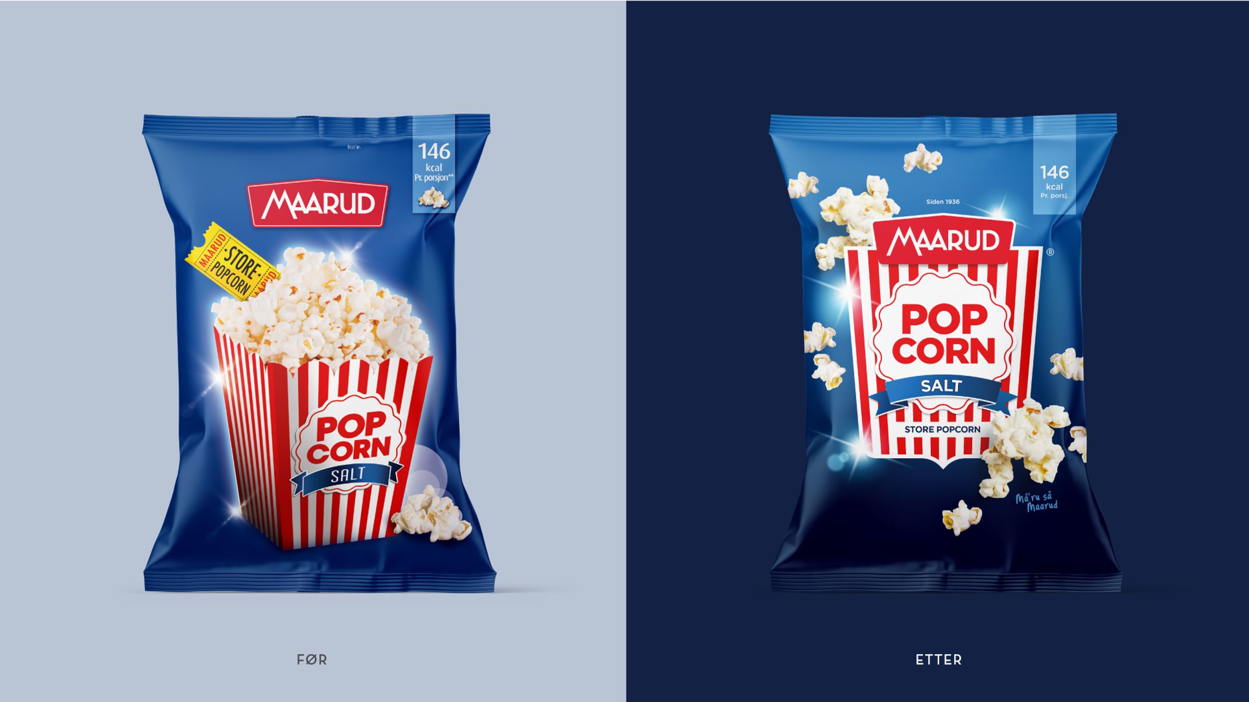 Maarud Popcorn før og etter redesign