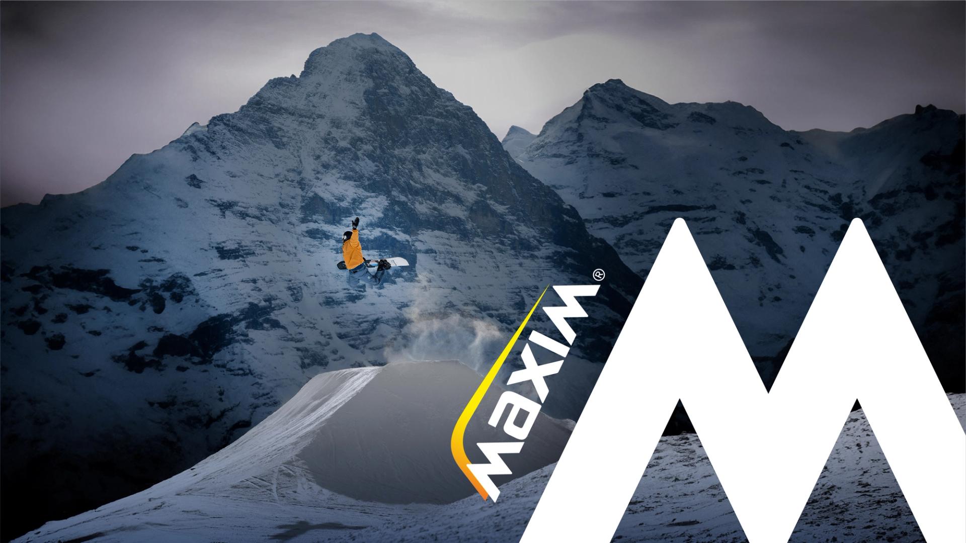 Maxim logo og logosymbol snowboard fjell