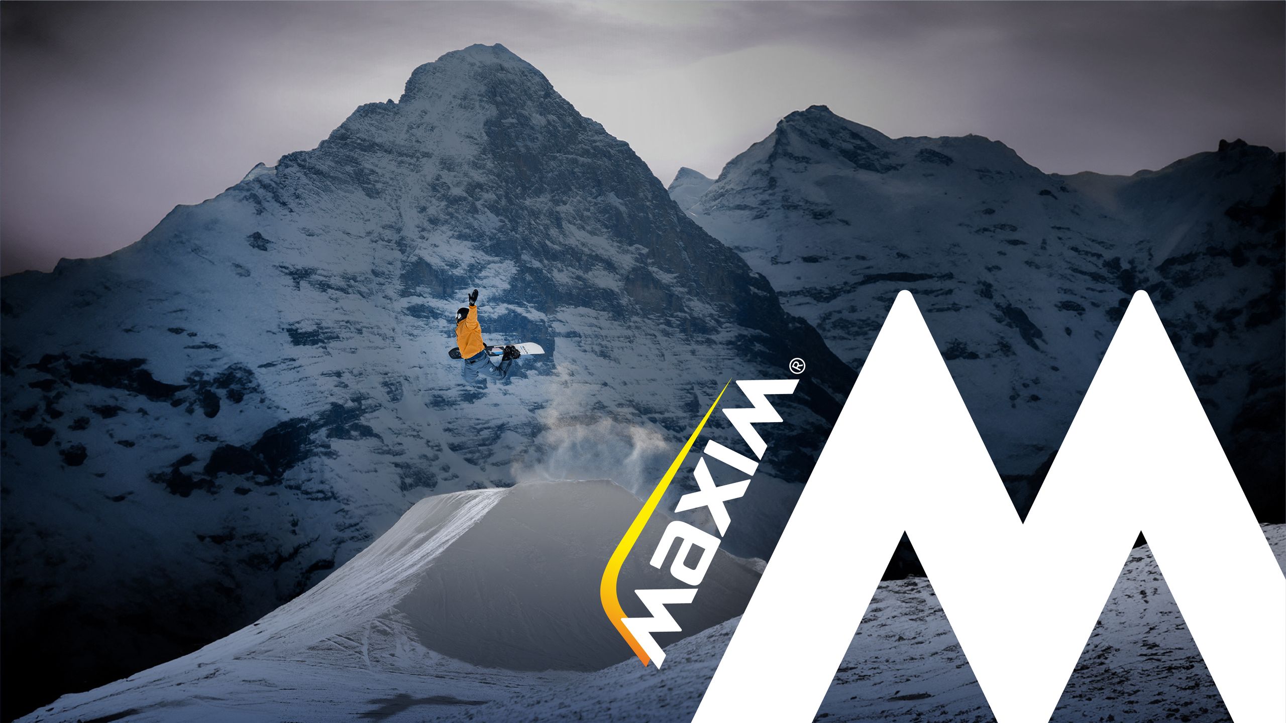 Maxim logo og logosymbol snowboard fjell