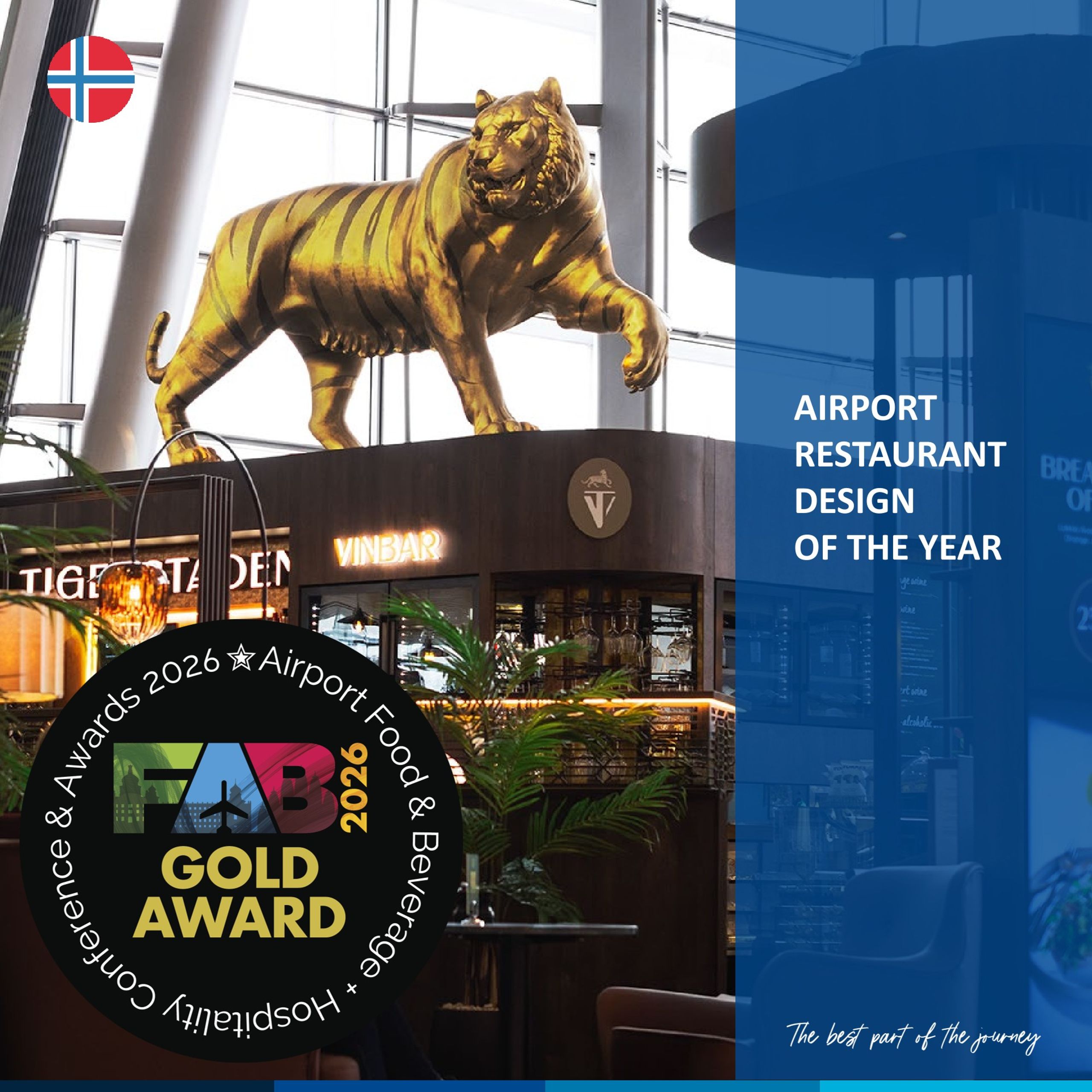 Tigerstaden på Oslo Airport med FAB 2026 Gold Award for Airport Restaurant Design of the Year.