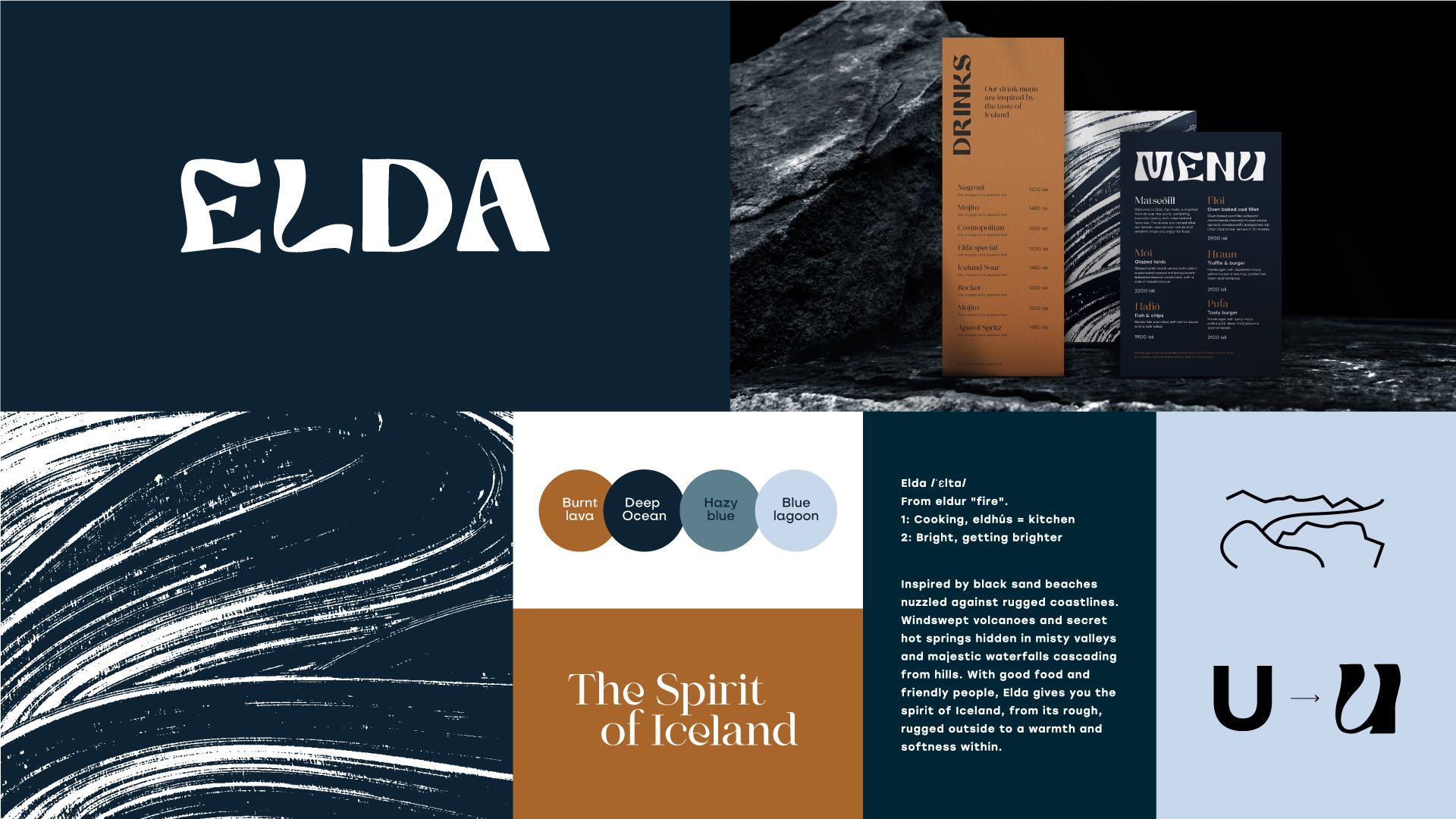 Elda logo og palett med designelementer