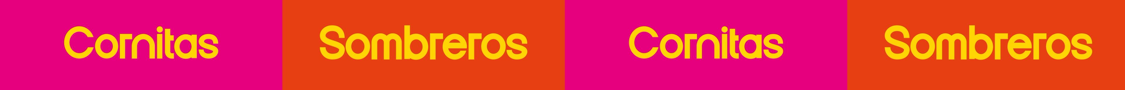 Teksten Cornitas og Sombreros om hverandre i fargepaletten rosa, gul og orange