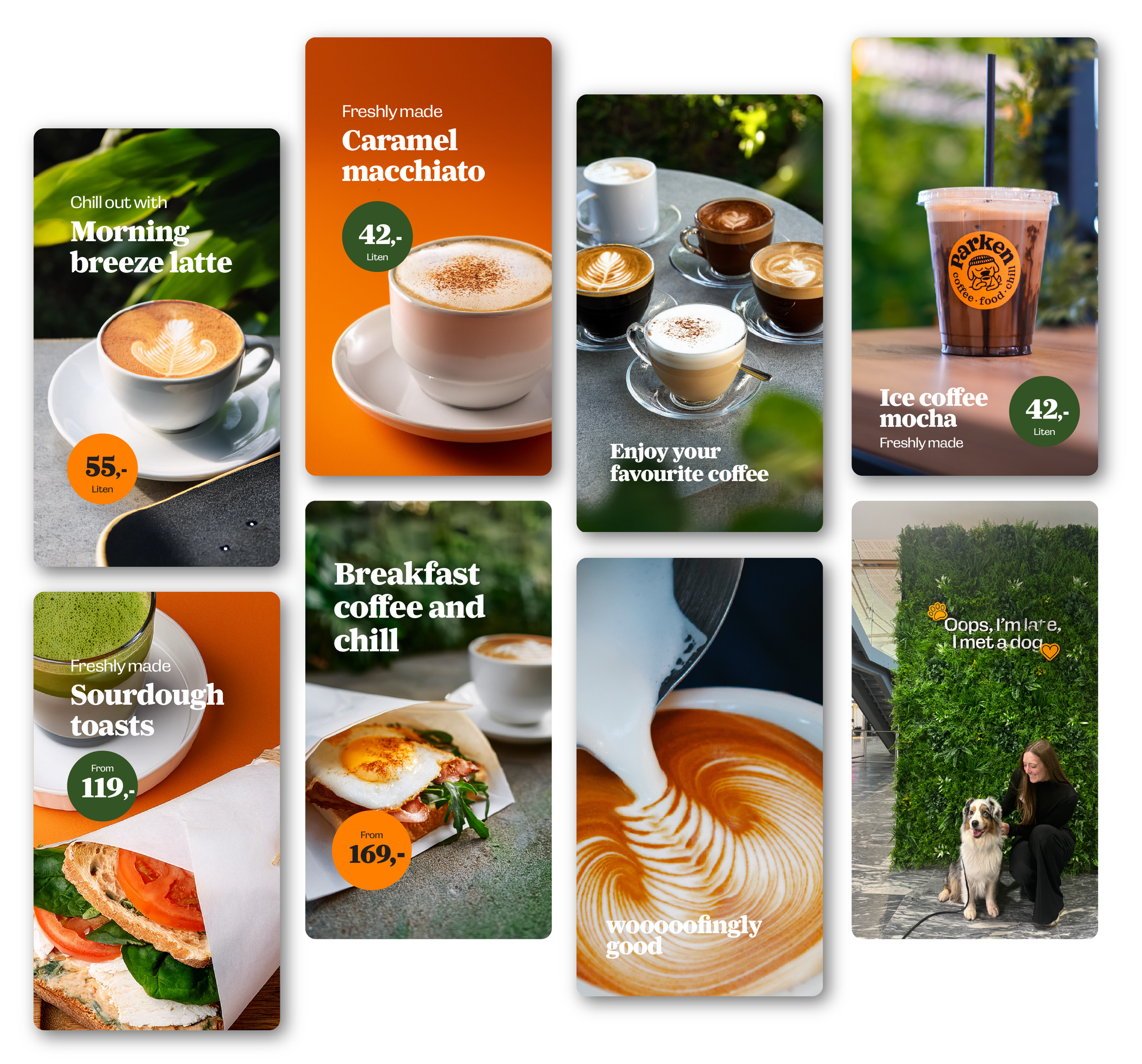 Parken kampanje skjermer. Åtte skjermer på to rader i ulik høyde. Bildene viser kaffe og mattilbud, spesielt sandwicher. De står i et urbant miljø som er grønt, med sement, og orange detaljer. Tekstene er: Morning breeze latte, Caramel macchiato, Enjoy your favorite coffee, Ice coffe mocha, Sourdough toast, Breakfast coffee and chill, woofingly good.