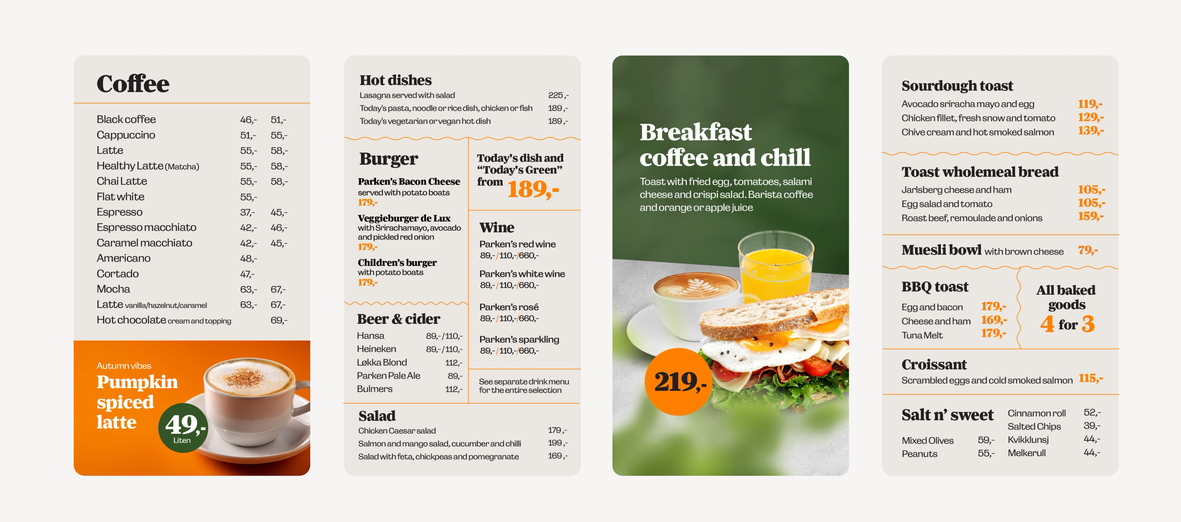 Parken meny. Fire skjermer som viser tilbudet og priser. Beige bakgrunn med svart tekst og oransje detaljer. Tilbudet er: Kaffe, Hot dishes, Burger, Beer & Cider, Salad, Wine, Sourdouch toast, Toast wholemeal bread, Musli bowl, BBQ toast, Croissant, Salt n'Sweet. Kampanjer er: Pumpkin spiced latte til 49 kr og Breakfast coffe and chill til 219kr. 
