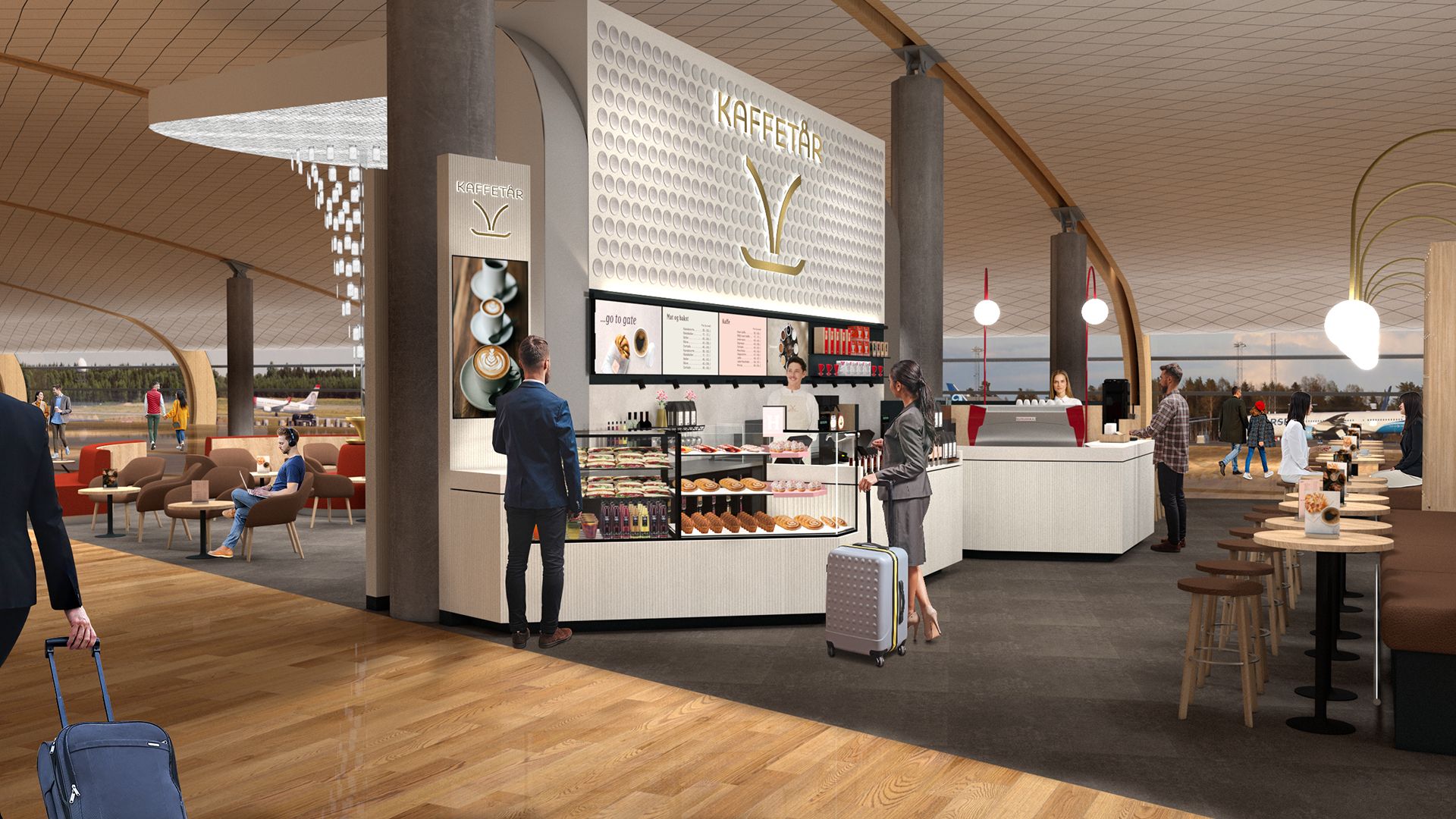 Skisse av retail- og kaffebarkonseptet Kaffetår på Oslo lufthavn