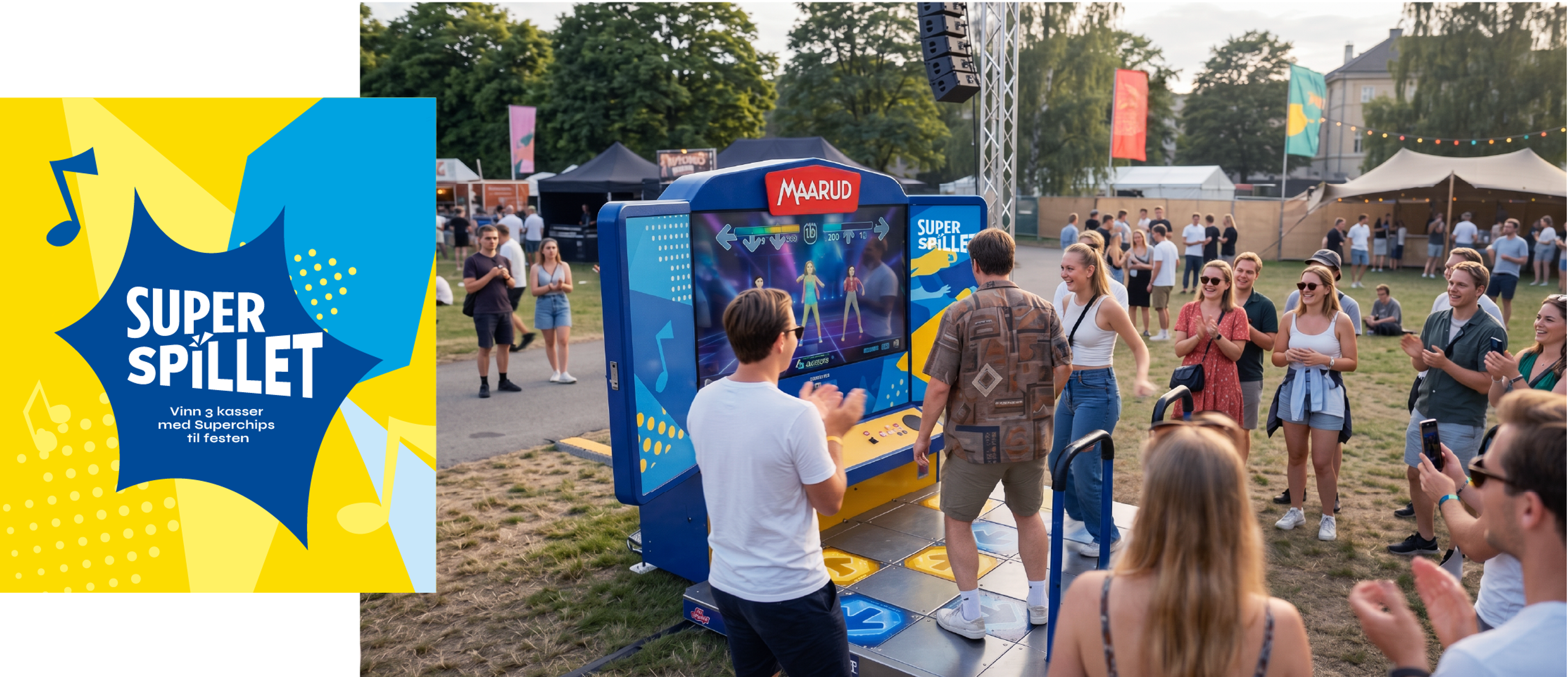 Maaruds Superchips festivalstasjon, populært musikk arkade spill, mass unge mennesker som står rundt å følger med på to stk danser