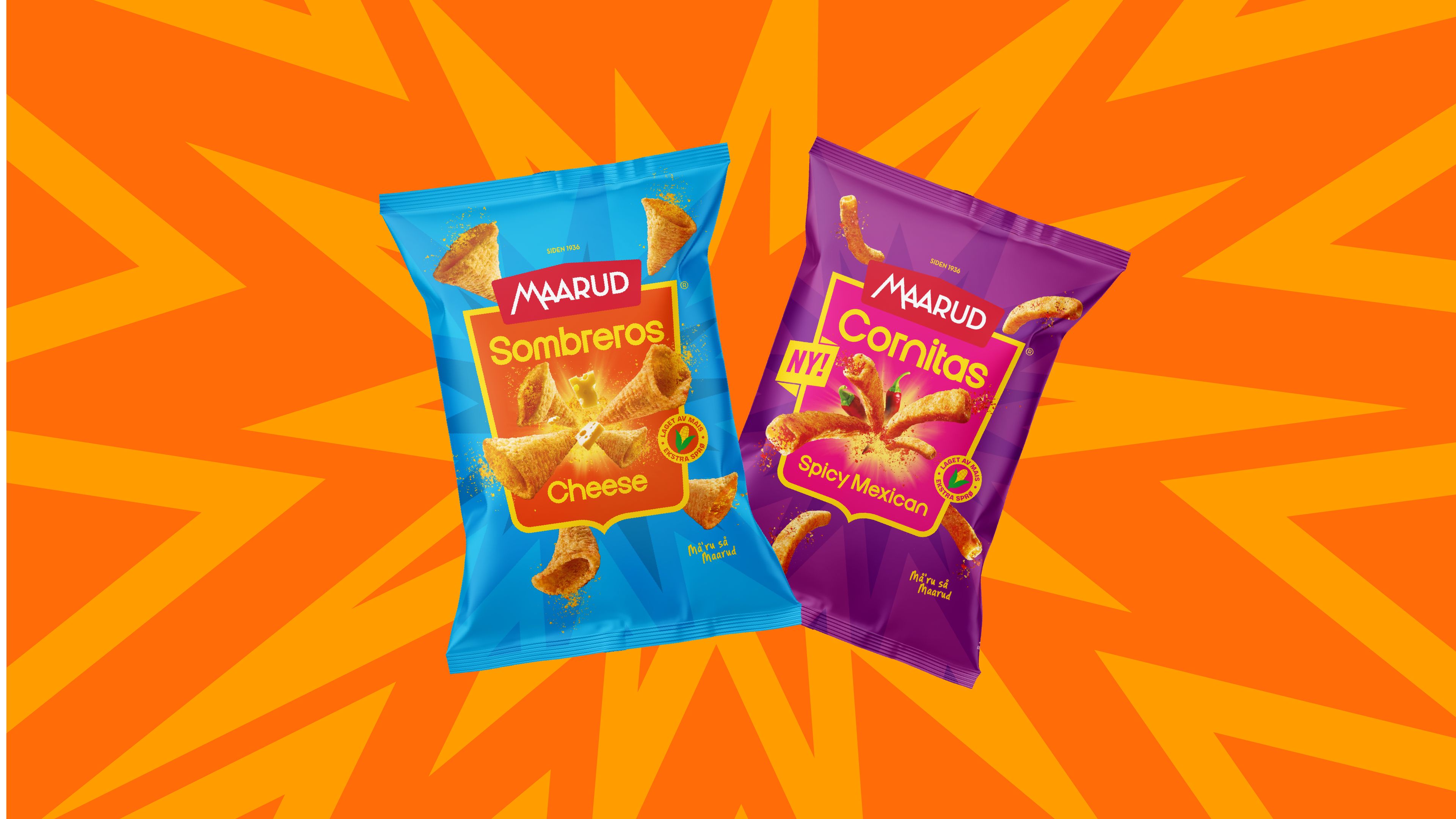 Pakningsdesign for Maarud på Sombreros og Cornitas. Sombreros i blå og orange pose, Cornitas med lilla og rosa. Posene står samlet på en orange bakgrunn med grafikk som dannner en eksplosjon av orangetoner.