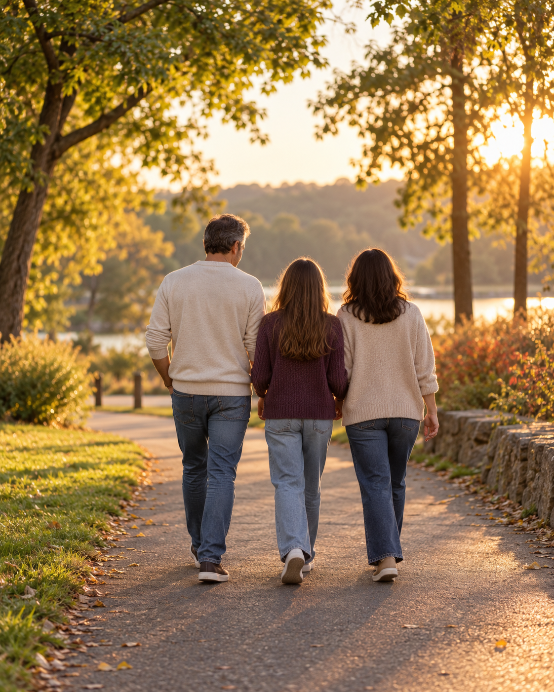 Ilustración generada con IA de tres personas caminando juntas por un parque iluminado por el sol.
