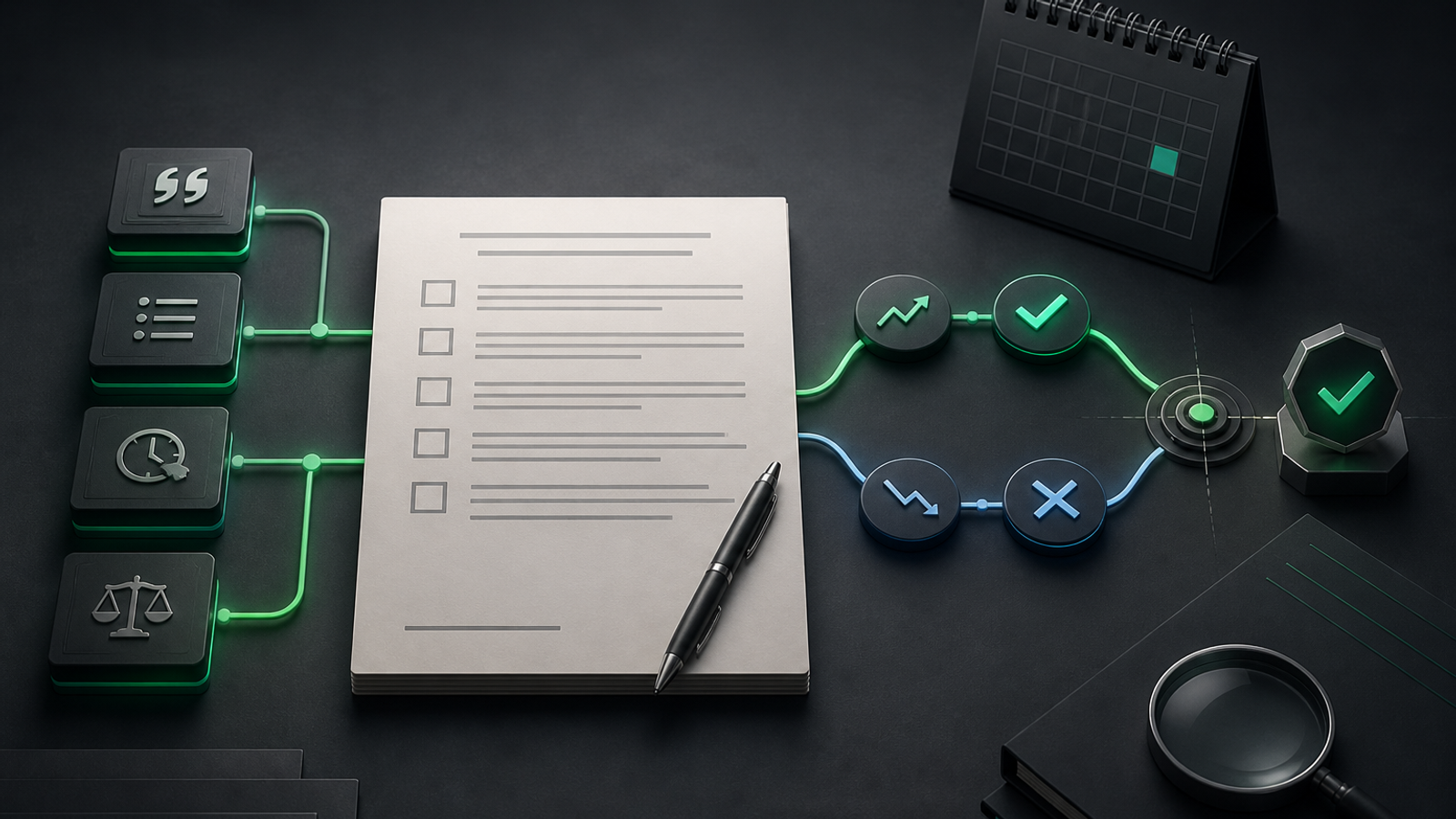 A contract connected to deadlines, evidence sources, and yes-or-no resolution paths