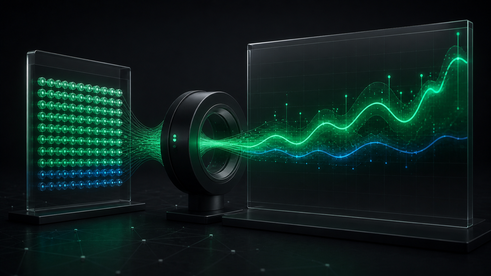 A fixed grid of opinion signals flowing through a pricing mechanism into a changing market curve